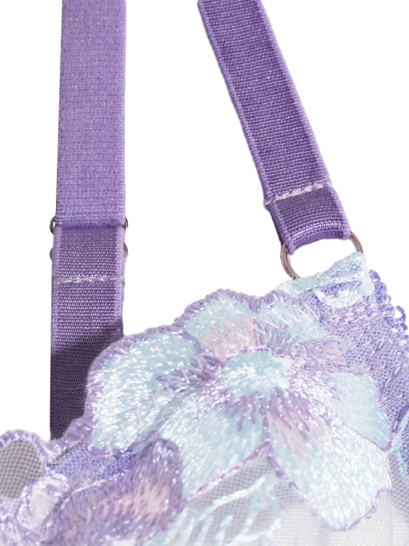 Lilosy Sexy Leaf Floral Embroidered Mesh Sheer Women Underwire Push Up Lingerie Set: X-Large Purple