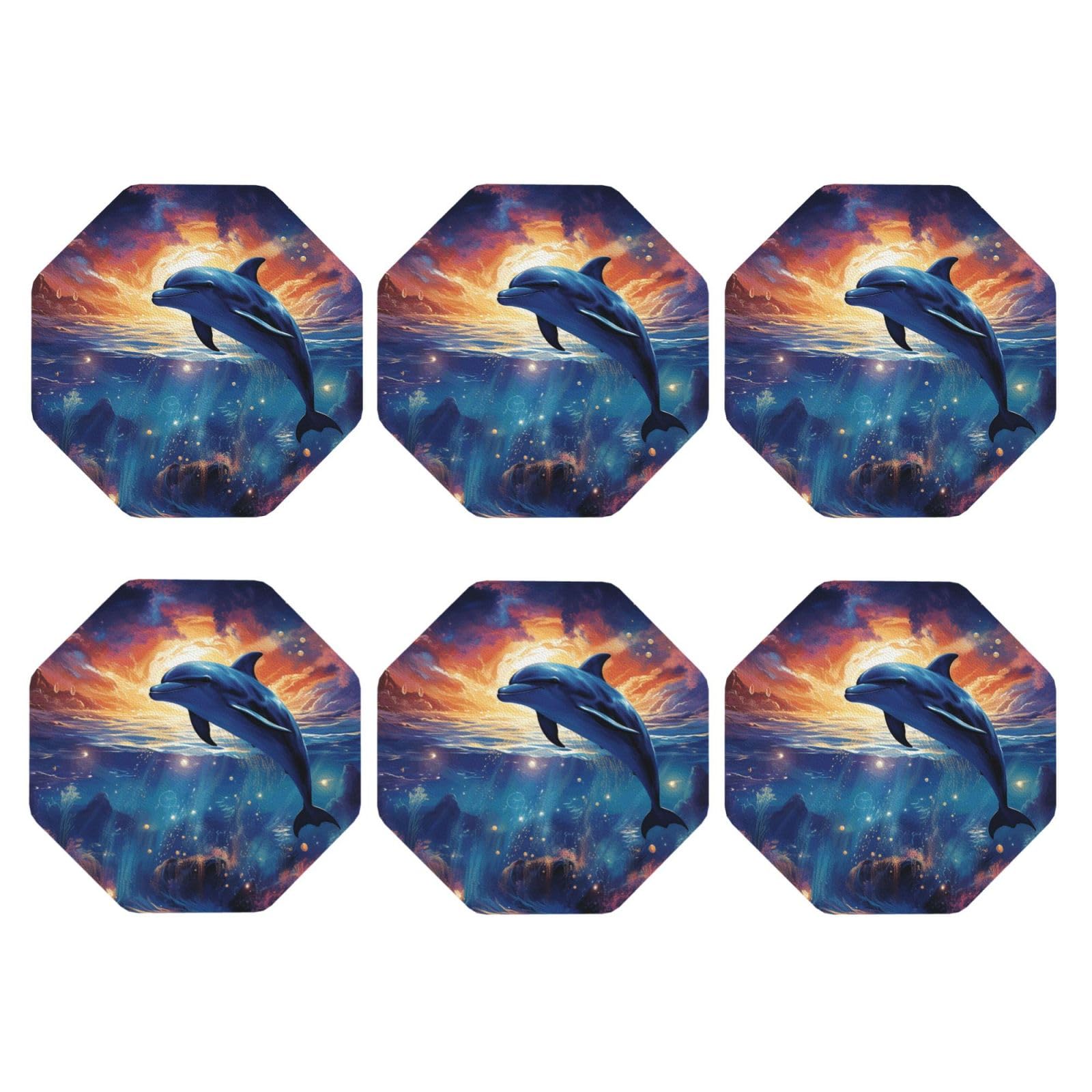 6pcs Leather Coasters for Drinks, Colorful Starry Sky Ocean Dolphin Drink Coasters for Tabletop Protection, 4" Cup Coasters for Coffee Table Decor, Non-Slip Drinking Cup Mat for Hot Or Cold Drink