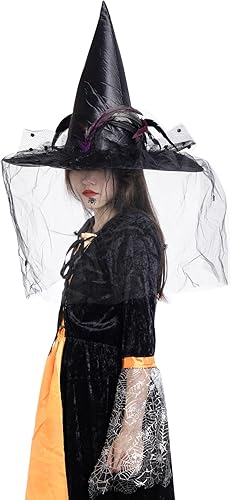 Miniatura 6 de Bantoye Sombrero de bruja de Halloween para mujer, sombrero de bruja grande fruncido con plumas, arañas, cosplay, accesorios para la cabeza para