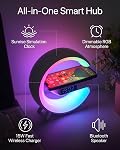 Smart LED Table Lamp, Bluetooth Speaker, Wireless Charger, Clock | G-Shape RGB Night Light | Bedside Bedroom Decor | Aesthetic Desktop Nightstand Gift | 10 Dynamic Modes | Dimmable & Cordless
