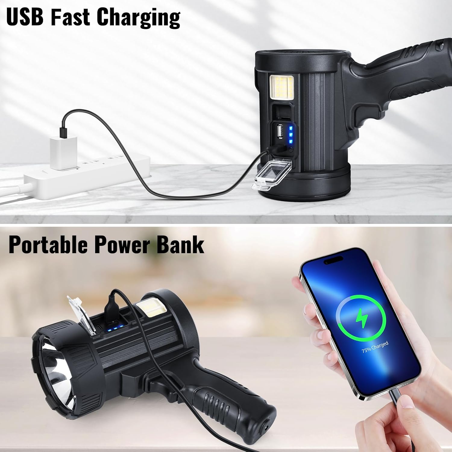 Rechargeable Spotlight,99,000 LM Super Bright Handheld Spot Light LED Flashlight High Lumens,Powered Spotlight Large Searchlight Outdoor with Solar Panels & COB Light for Boat Camping Hunting - Image 4