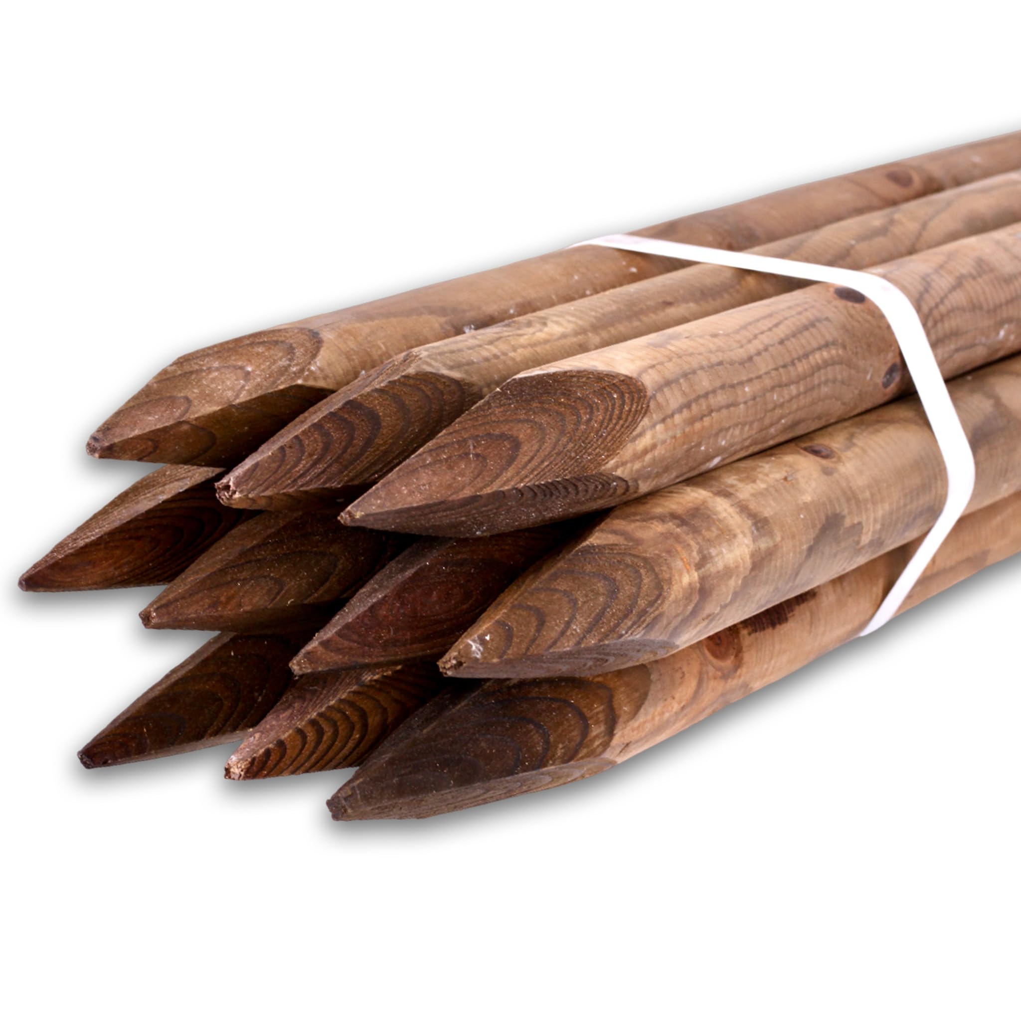 Juego de 10 estacas de madera redondas impregnadas de color marrón, 6 cm de diámetro, diferentes longitudes y grosores, ideales como postes de vallas, estacas de plantas o postes de árboles (150 cm de