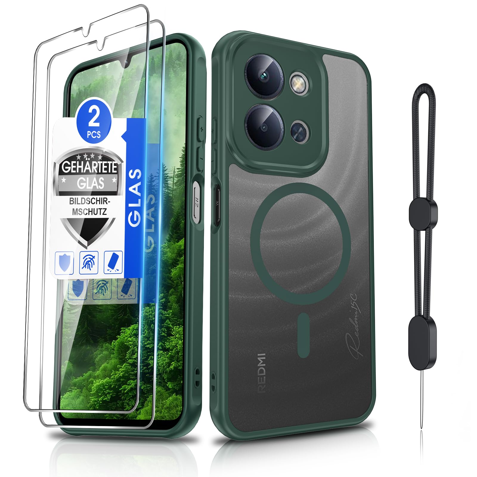 Dizn Handyhülle für Xiaomi Redmi 15C 5G/4G für MagSafe mit 2 Stück Displayschutz Folie, Matt Transparent Cover mit Handykette, Militärischer Schutz Soft Cover,Phone Case für Redmi 15C 5G/4G,Grün