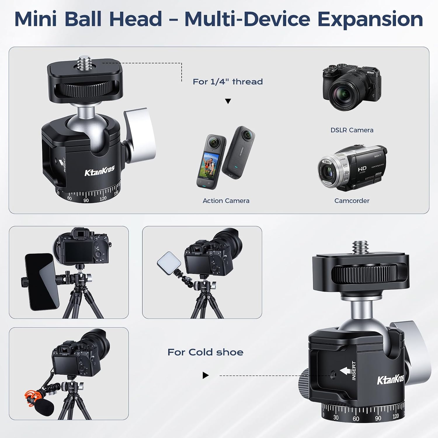 MI-1 Mini Ball Head – Compact 360° Rotating Camera Mount with 1/4" Screw, Cold Shoe Accessory Holder, 90° Tilt & 3/8" Adapter for DSLR, Mirrorless, Smartphones and Lighting Accessories