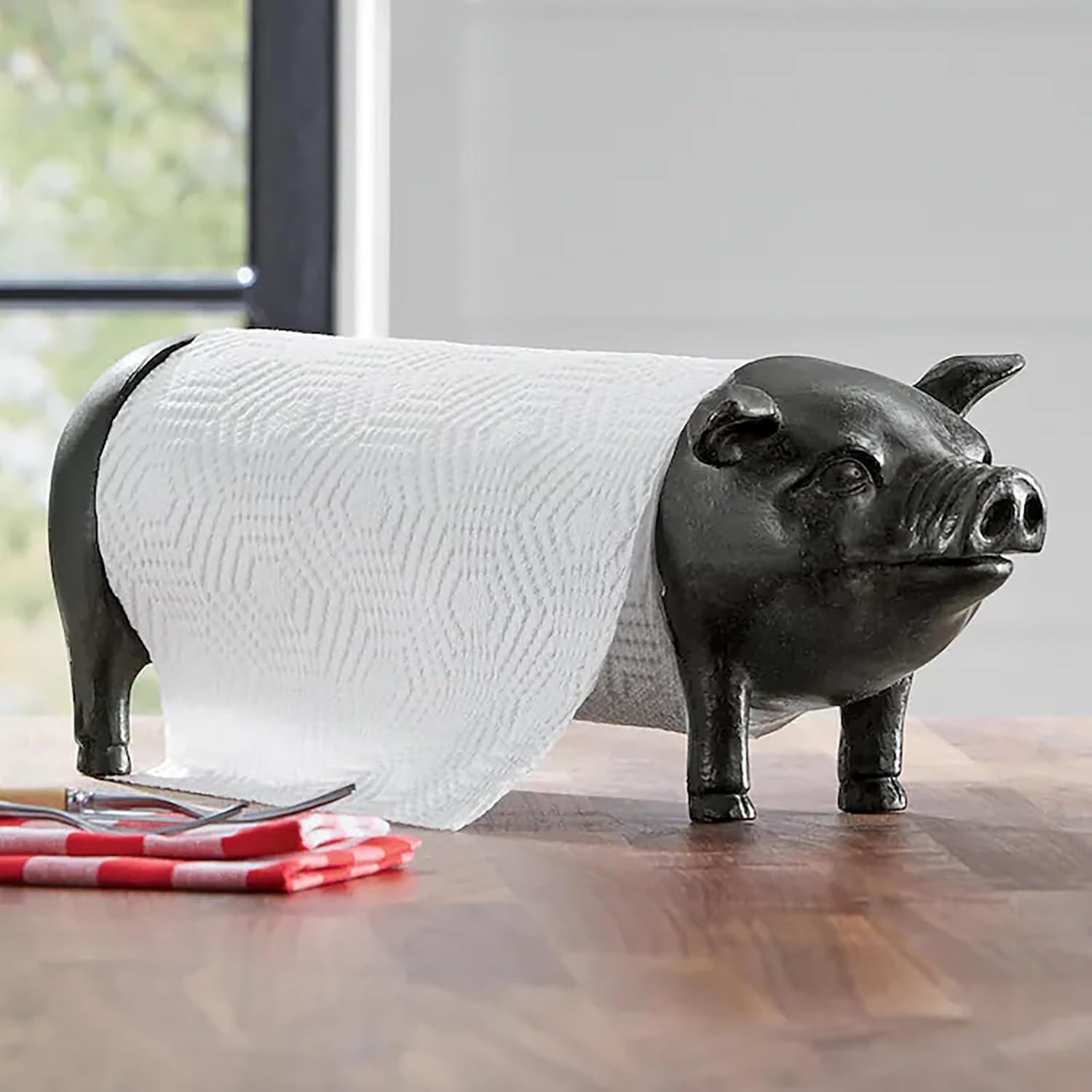 Black Pig Paper Towel Holder Farmhouse Paper Towel Holder, Rustic Country Decorative Standing Utensil for Kitchen, Vintage Animal Tissue Towel Display Stand,