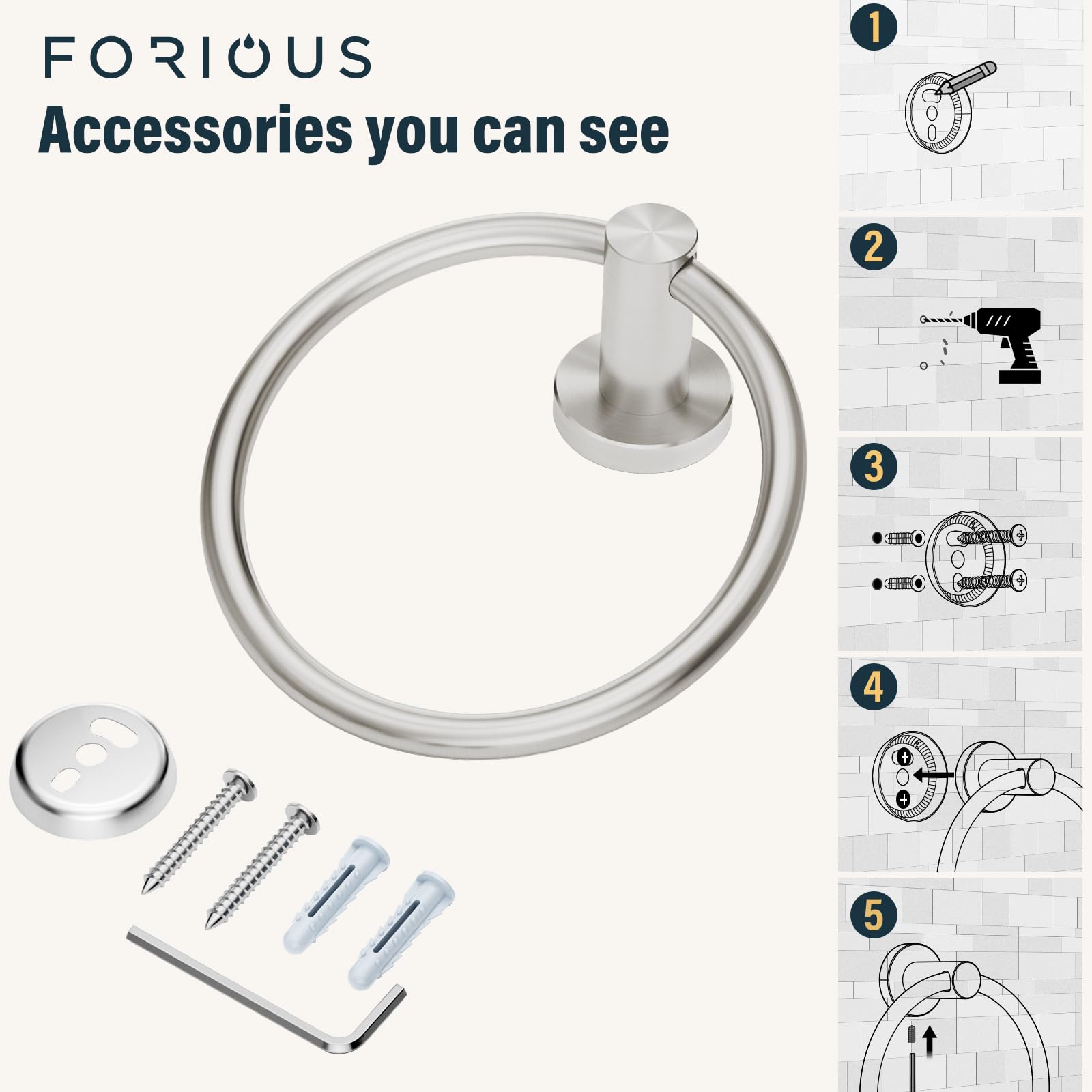 FORIOUS Stainless Steel Hand Towel Ring - Brushed Nickel -5