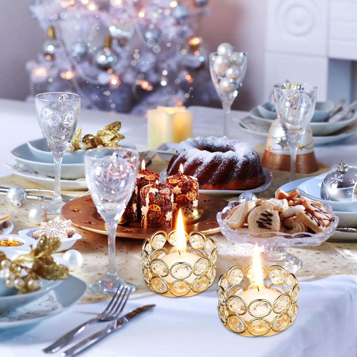 30 Pieces Crystal Tealight Candle Holders Bulk, Votive Candle Holder Stands with Diamond Design for Table Centerpieces Wedding Party Home Decor and Holiday Favors (Gold)