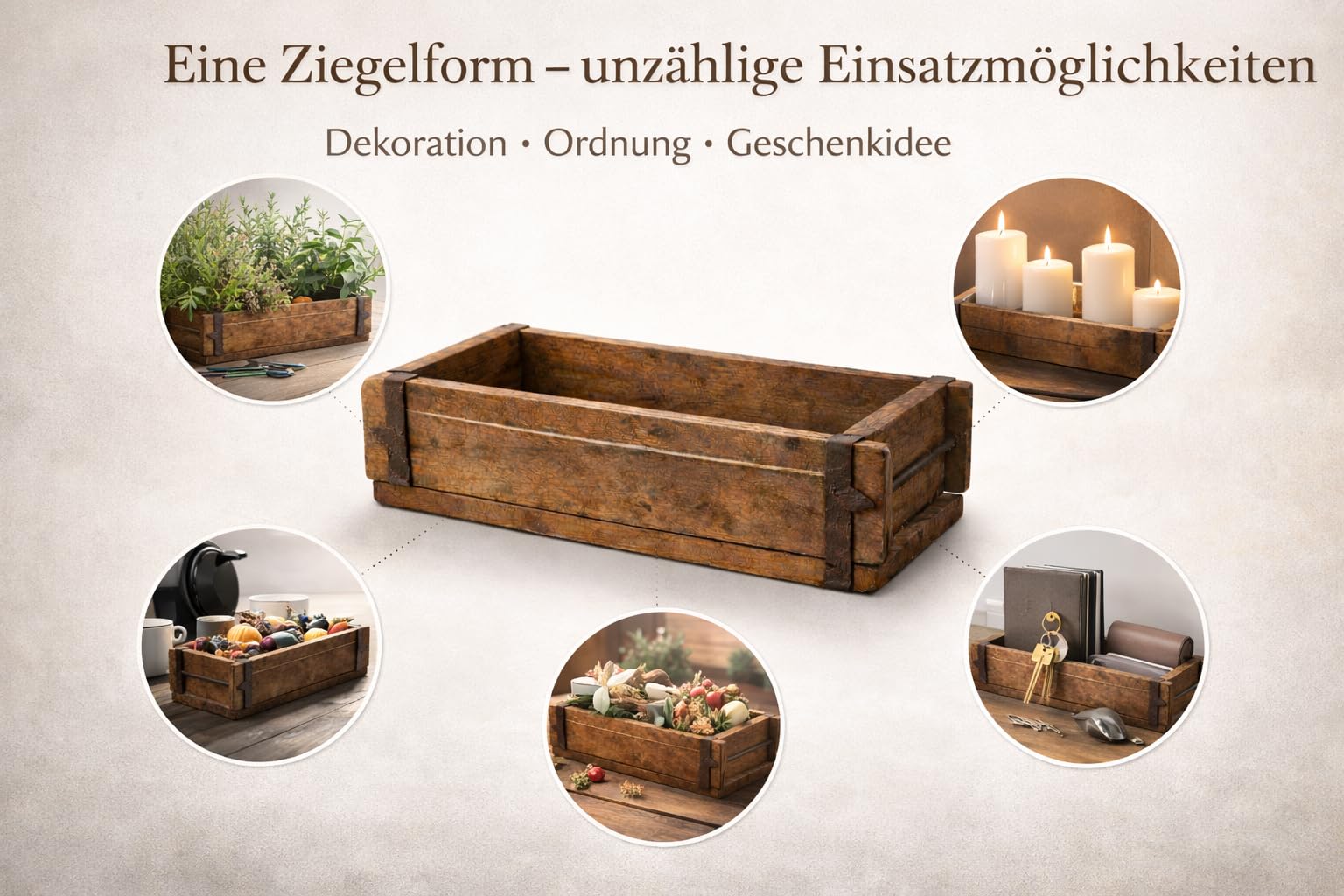 MC-Trend Ziegelsteinform aus Holz – rustikale Holzkiste zum Bepflanzen – Altholz Blumenkasten – Backsteinform mit Metallbeschlägen – jedes Stück ein Unikat – Holz Zieglform