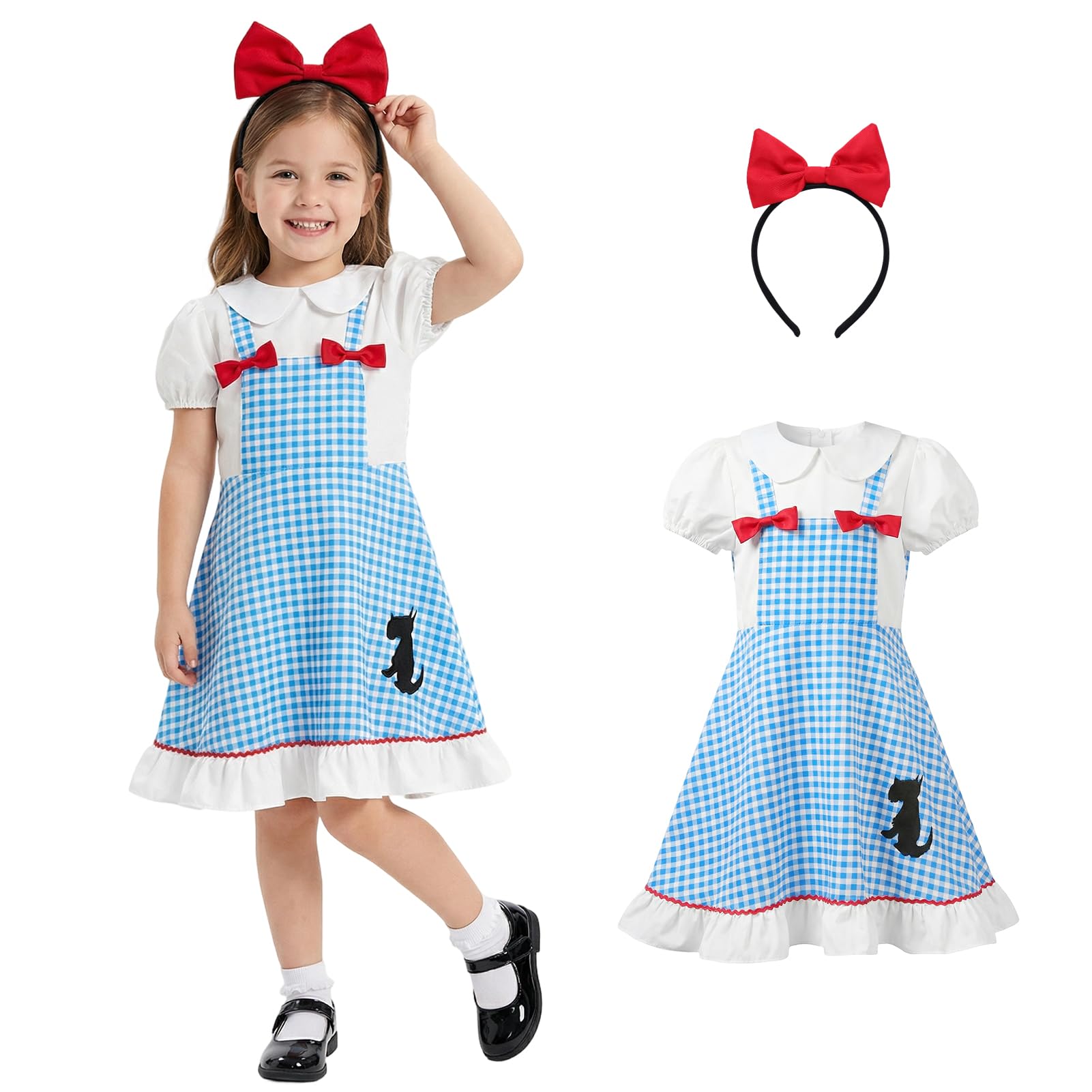 Formemory Dorothy Costume Kids,World Book Day Costumes for Gilrs with Blue Plaid Dress and Red Bow Hair Accessory for Story Character Dress Up and Themed Events
