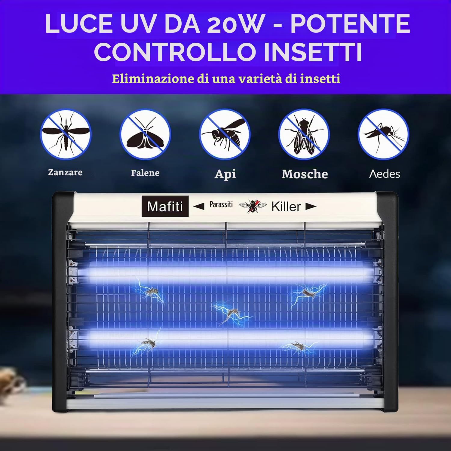 Mafiti Lampada Zanzare 20W 3200V | 4 Lampade UV | Eliminatore di Insetti Elettrico per Interni ed Esterni | Trappola per Mosche, Zanzare, Insetti Volanti
