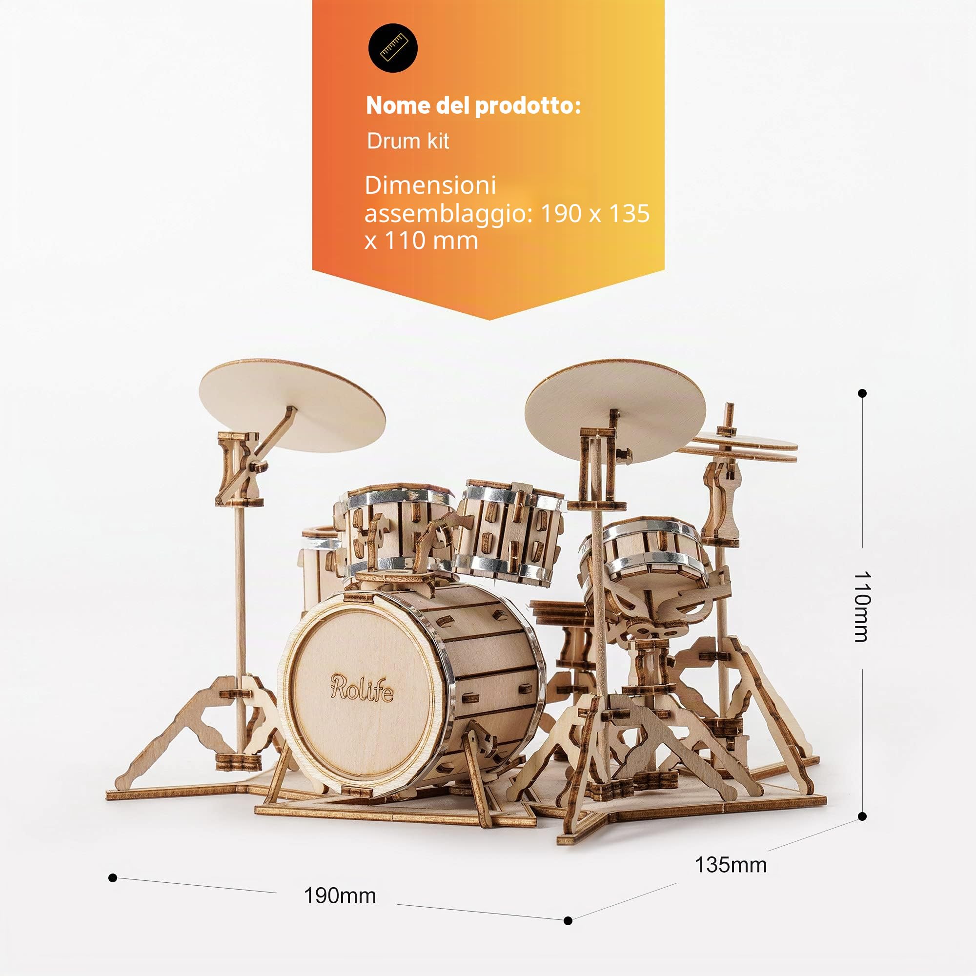 Rolife Puzzle 3D Legno per Adulti Modellismo da Costruire Kit Modello Strumento Musicale (Drum kit)