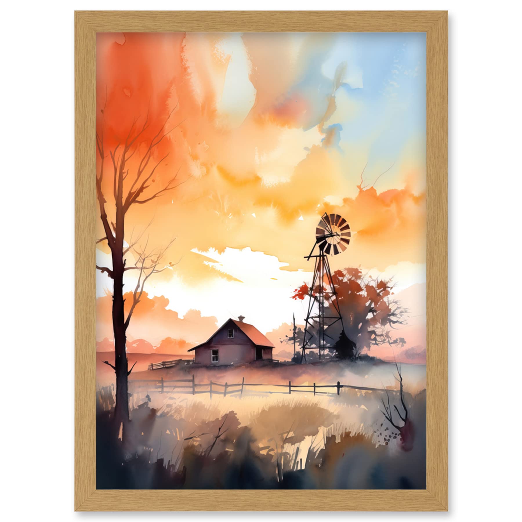 Artery8 Sunrise Clouds over Countryside Farmhouse Cabin with Old Windmill Tower Modern Watercolour Painting Artwork Framed Wall Art Print A4
