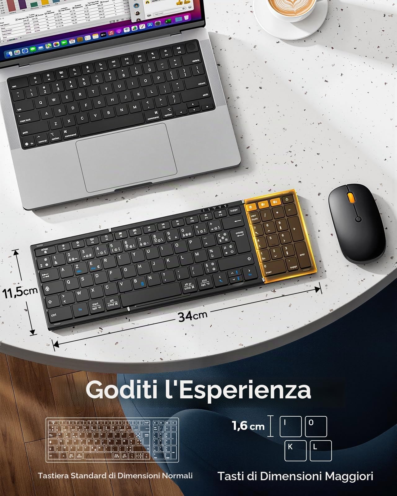 MoKo Set Tastiera e Mouse Wireless Pieghevoli, Tastiera Bluetooth AZERTY Portatile con Tastierino Numerico, 2.4G + Dual BT 5.0, Tastiera Portatile Ricaricabile USB-C per Tablet/Smartphone/PC