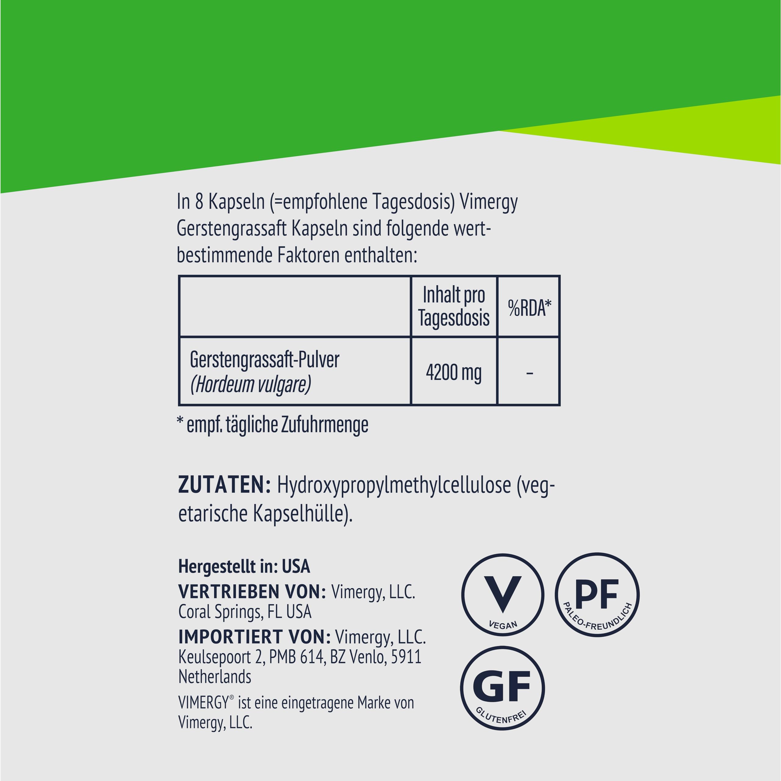 Vimergy Gerstengras Saft Pulver – Supergreen aus Gerstengrassaft Pulver – Vegan - Ohne Trennmittel, ohne Füll- und Geschmacksstoffe, Zucker, Gentechnik, Gluten (240 stück (Kapseln)