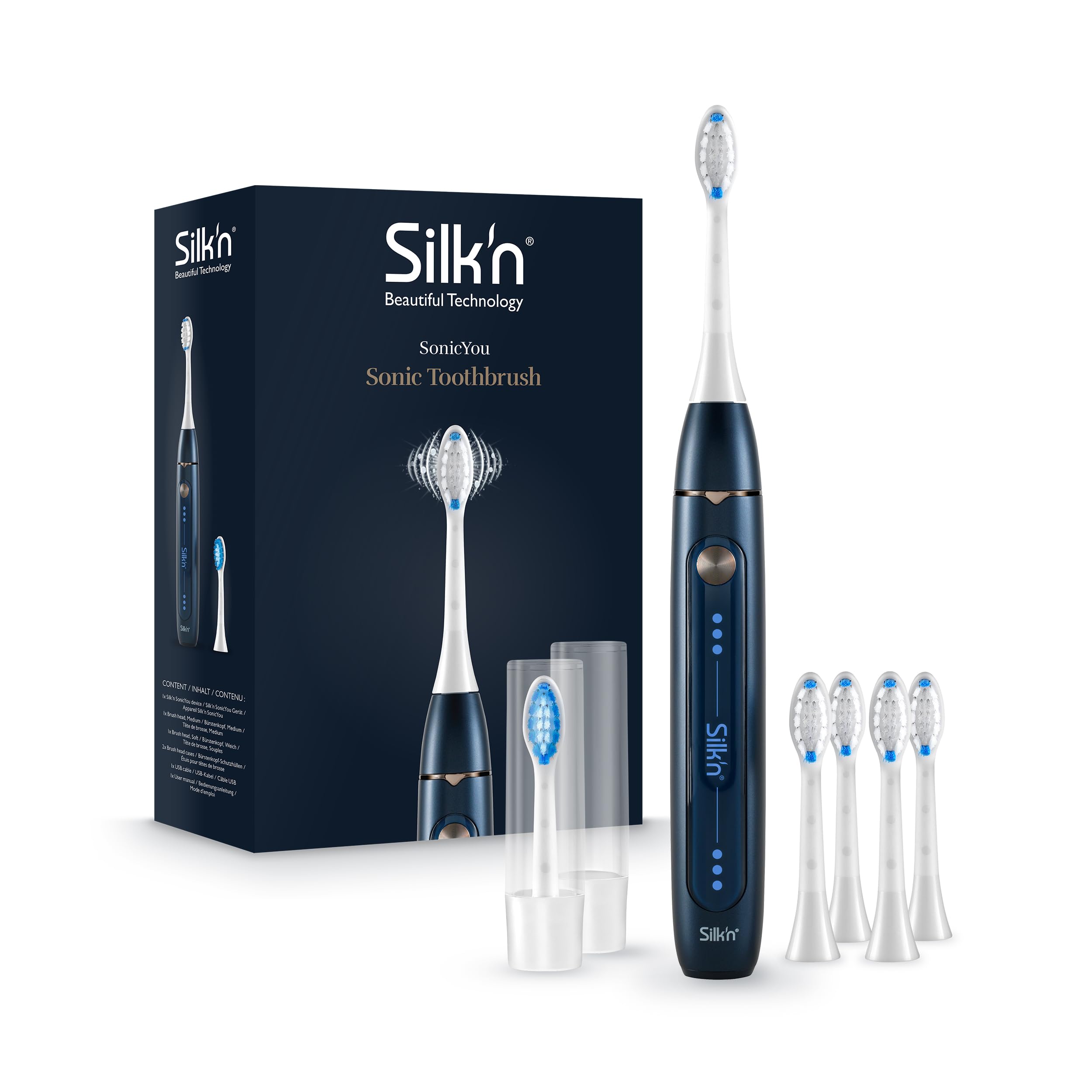 Silk'n Set de cepillo de dientes eléctrico con set de repuesto - SonicYou and Refill Set - con paquete de 4 cabezales de cepillo blancos - Idea de regalo - Azul oscuro