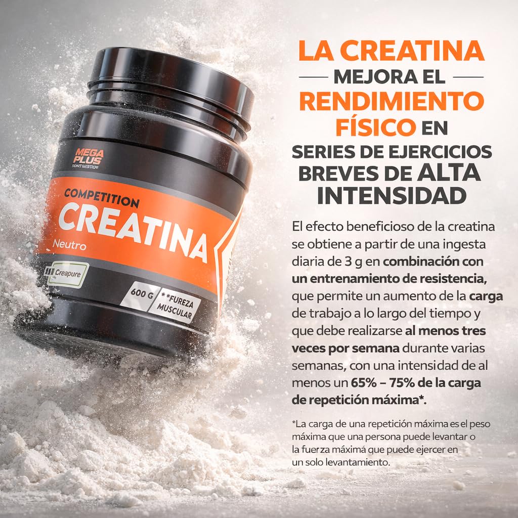 Creatina monohidratada - Competition - Mega Plus - Creapure - en polvo - Sabor neutro - batido proteinas - Sin aditivos - Vegana - Para mejorar el Rendimiento y la Potencia Muscular - 600gr (170006)