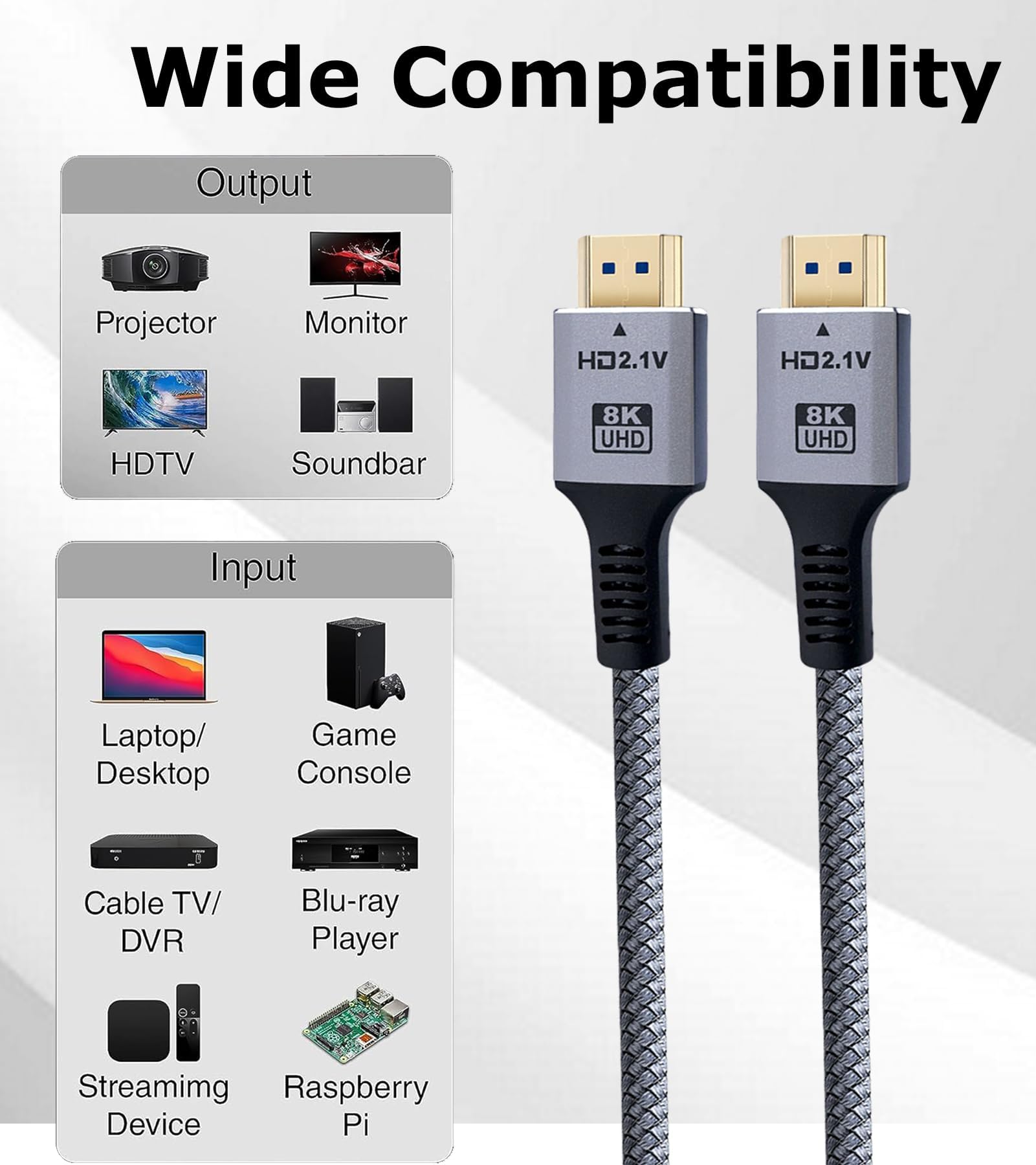 Cable HDMI 8K 2.1, paquete de 5, cable HDMI de alta velocidad de 6 pies, cable HDMI para monitor de TV Shield Computer 8K @60Hz, 4K @120Hz/165Hz/240Hz, HDCP 2.2&2.3, HDR 10 para ARC, eARC