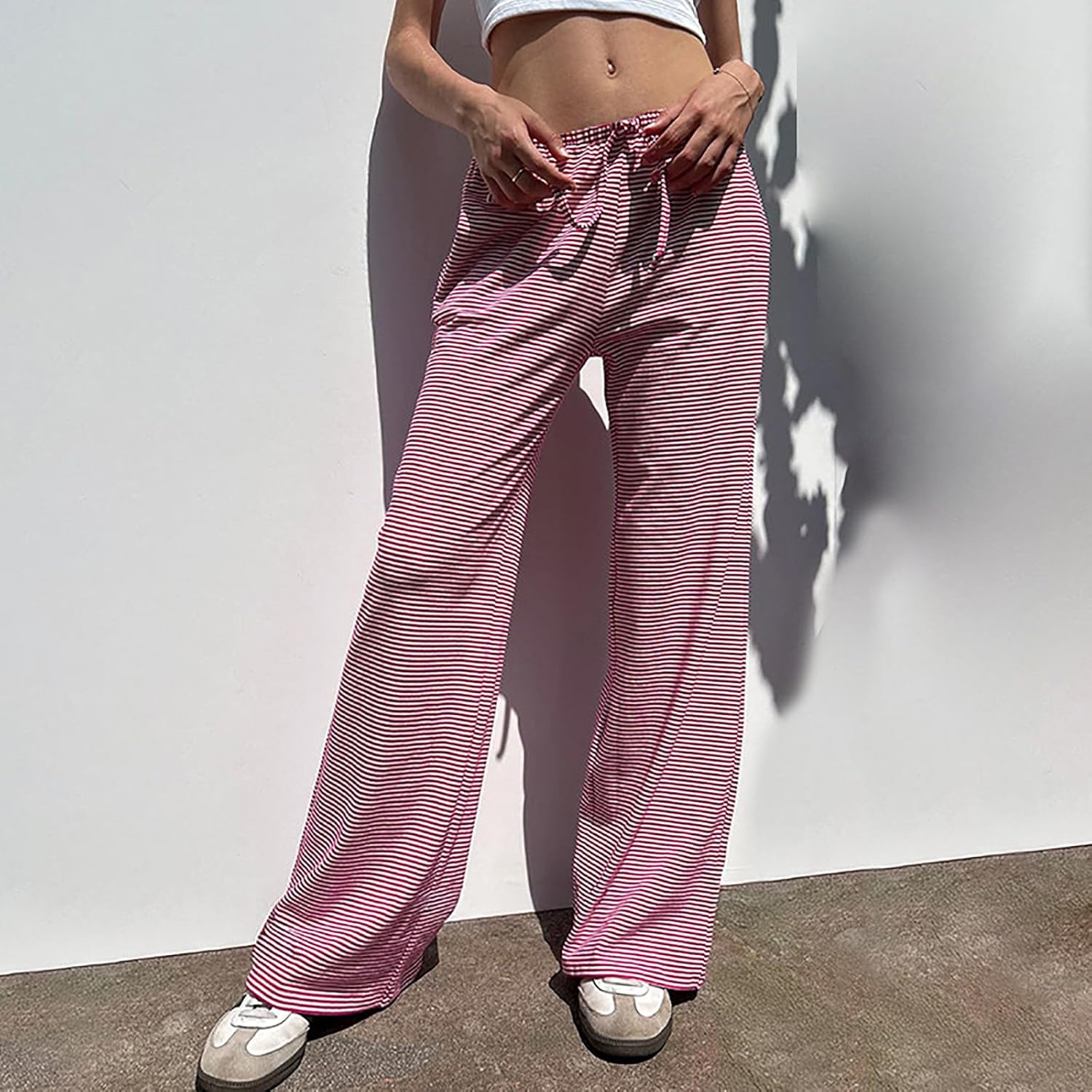Women's Drawstring Pajama Pants Striped Casual Palazzo Wide Leg Lounge Pants Comfy Sleepwear Trousers - Image 2