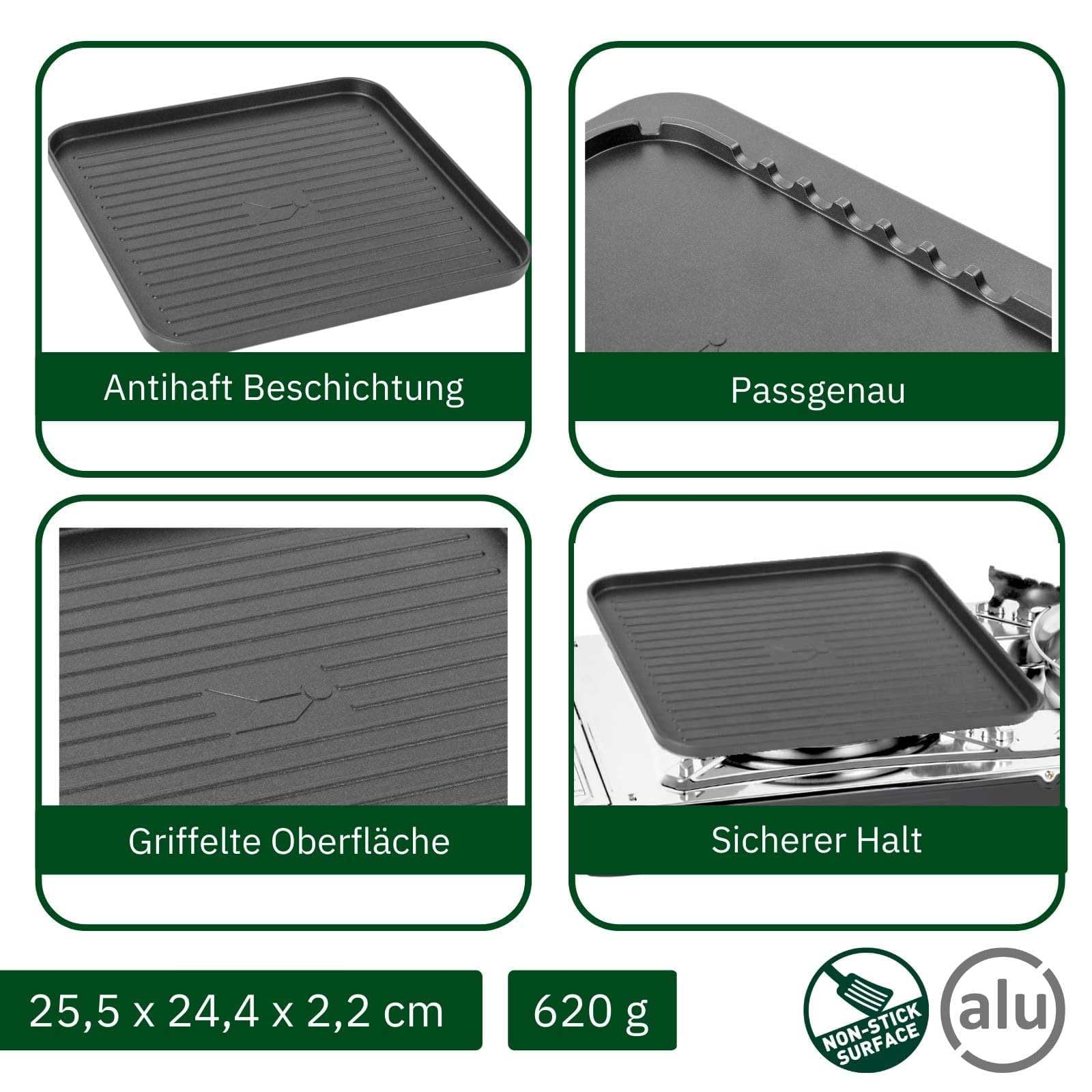 BRUNNER Gaskocher Zweiflammig DEVIL DOUBLE SD Zündsicherung Gas-Kartuschen | Camping-Kocher Zweiflammig Edelstahl DEVIL DOUBLE SD Zündsicherung für Ventil-Kartuschen Piezozündung + 1x Grillplatte