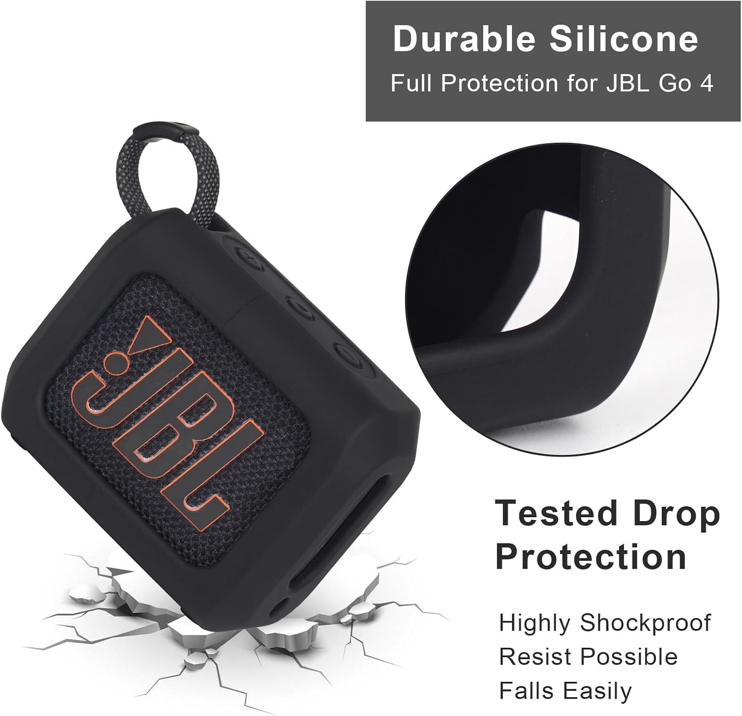 YouKnow Silicone Case for JBL Go 4 Ultra Portable Bluetooth Speaker, with Removable Strap Attach to Bike Golf Cart Boat (Black)