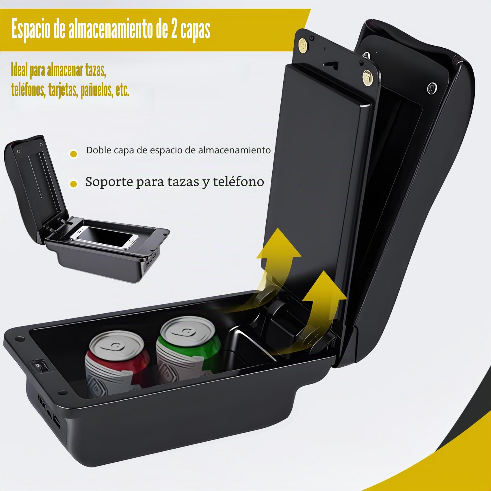 Apoyabrazos Para Peugeot 2008/208 (2019-2024) Apoyabrazos Coche Consola Reposabrazos Central Negro Cuero Caja con conexión USB