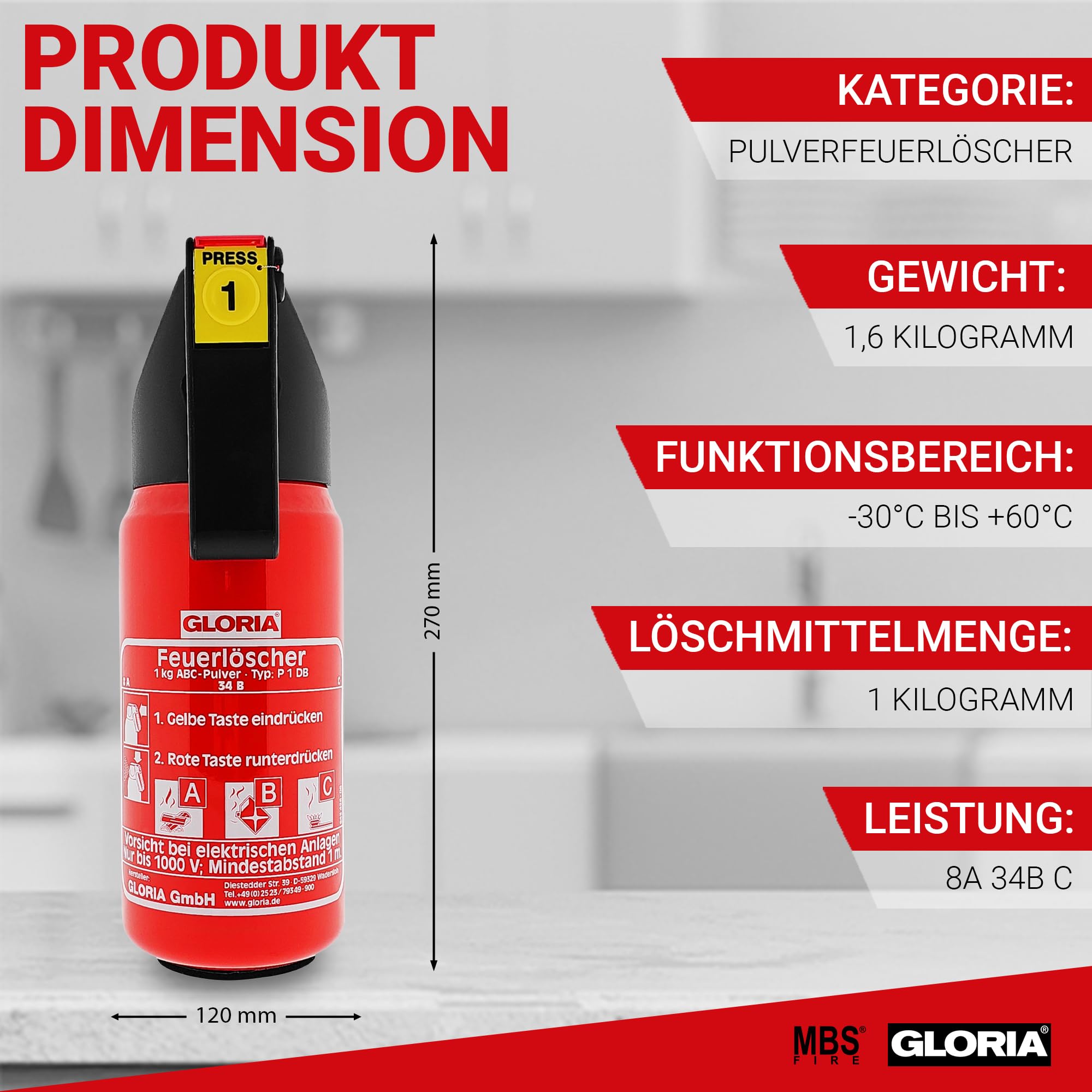 2X Gloria KFZ Auto-Pulverlöscher P1DB, 1kg Brandklasse ABC Halterung u. Plakette