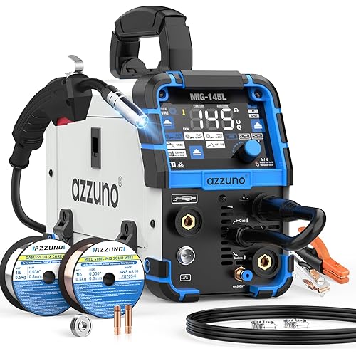AZZUNO MIG Welder 145A, 110V/220V Dual Voltage 4 in 1 Gas/Gasless Flux Core MIG Welder/Lift TIG/Stick Welding Machine, Wire Feed Welder with Synergic Control