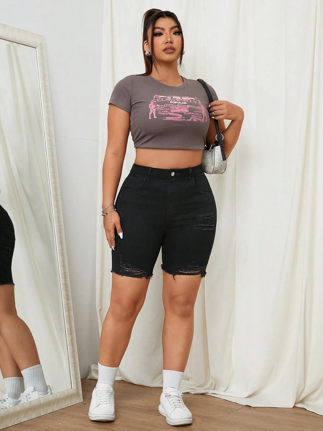 Women's Distressed Denim Bermuda Shorts, High Waist, Black, Ripped - Image 6