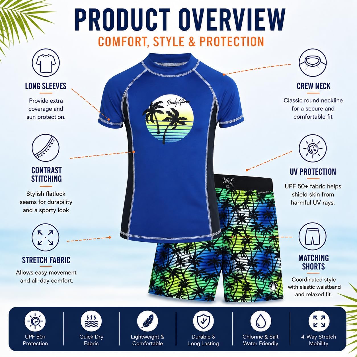 Body Glove Boys 2 Piece Swim Set Rash Guard & Swim Trunks (Sizes 4-12)