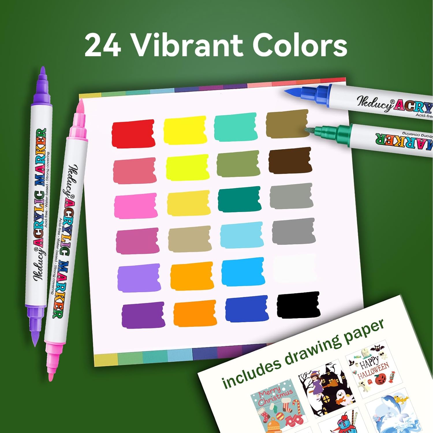 24 Colors Dual Tip Acrylic Paint Markers Set, Fine Tip and Brush Tip image 2