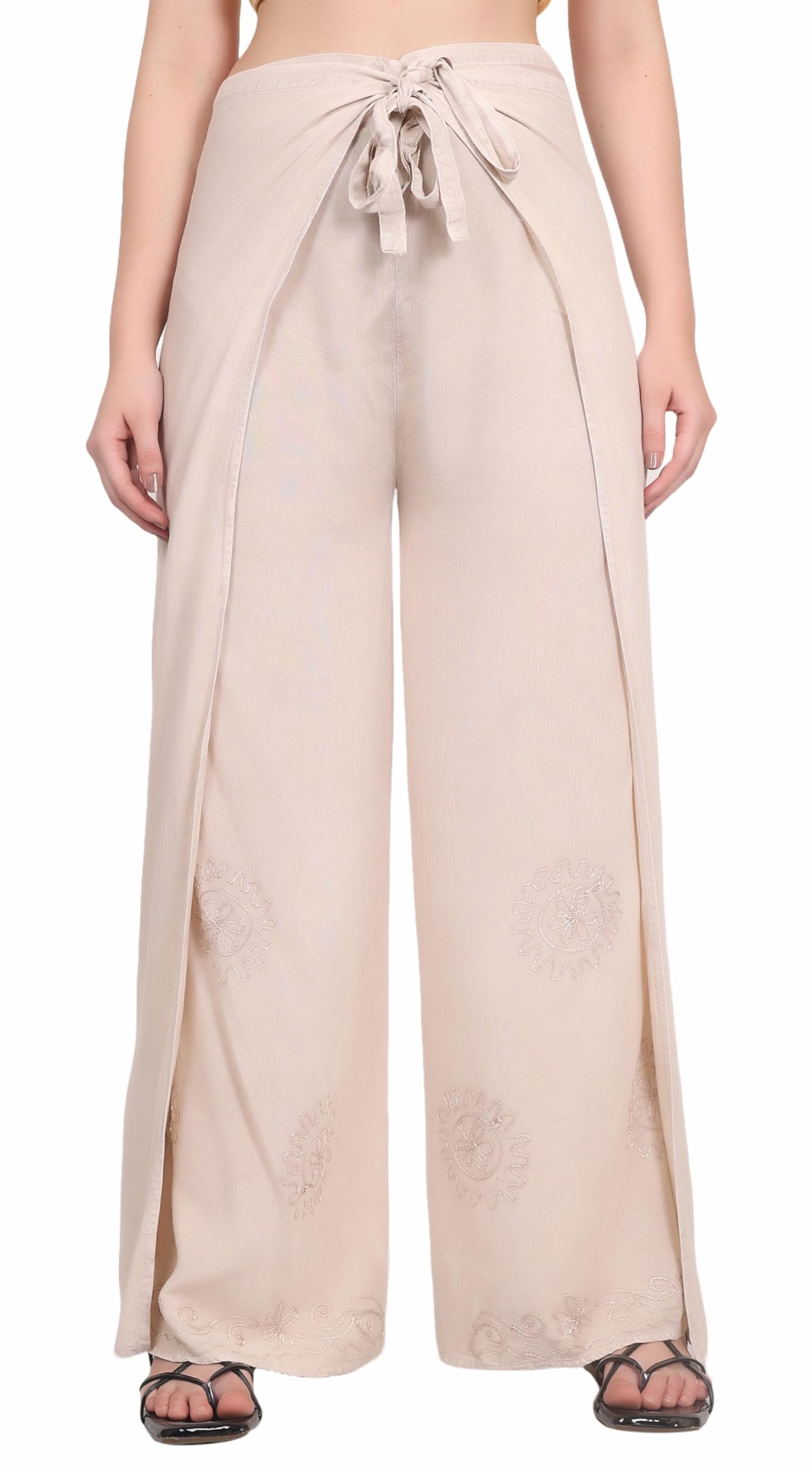 Whitewhale Women's Cream Split Wide Leg Long Embroidered Rayon Wrap Palazzo Pant