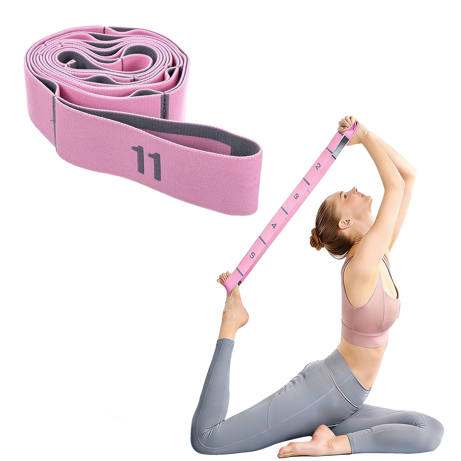 Yoga Strap for Stretching with 11 Loops – Elastic Resistance Belt Physical Therapy Band – Pilates Dance Gymnastics Flexibility Training Equipment – Adjustable Exercise Fitness Bands