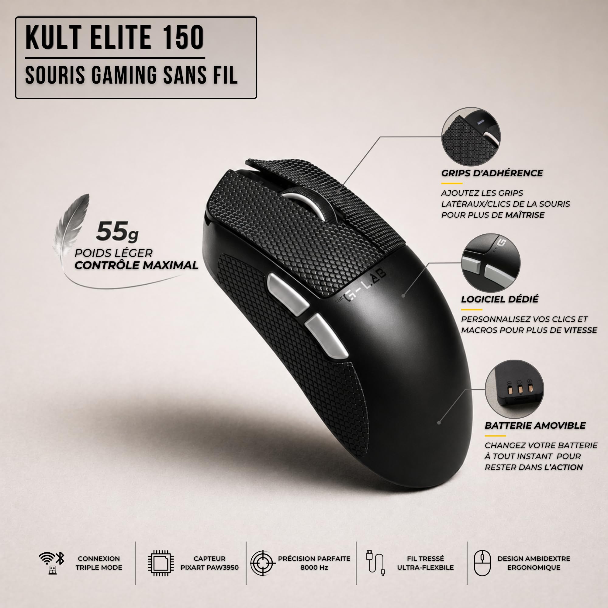 The G-Lab Kult Elite M150 - Souris Gamer sans Fil 30 000 DPI 8K Hz | Connexion Sans Fil Tri Mode 2.4GHz/Bluetooth/Filaire, Capteur PixArt 3950,30 000 DPI, 8000 Hz Polling Rate, 200H Autonomie