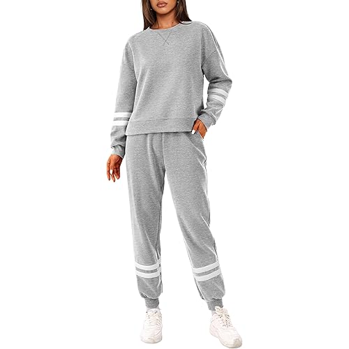 PRETTYGARDEN Women's 2 Piece Outfit Tracksuit Striped Long Sleeve Pullover Sweatshirt Long Sweatpants Sweatsuit Sets