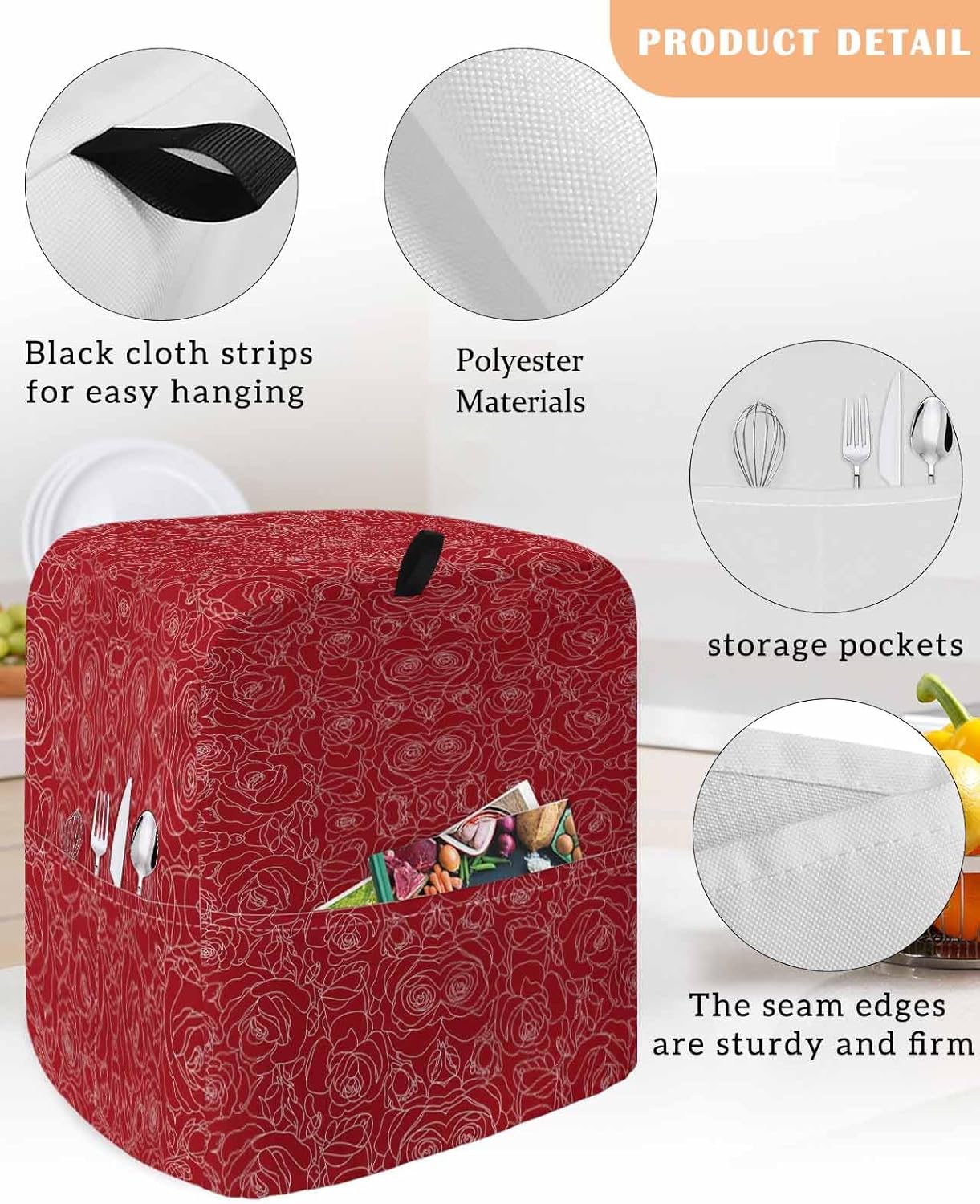 Valentine's Day Stand Mixer Cover with Storage Pocket, Waterproof Kitchen Mixer Covers, Red Roses Romantic Flowers Abstract Floral Kitchen Appliance Dust Cover Compatible with 5-8 Quart Mixers
