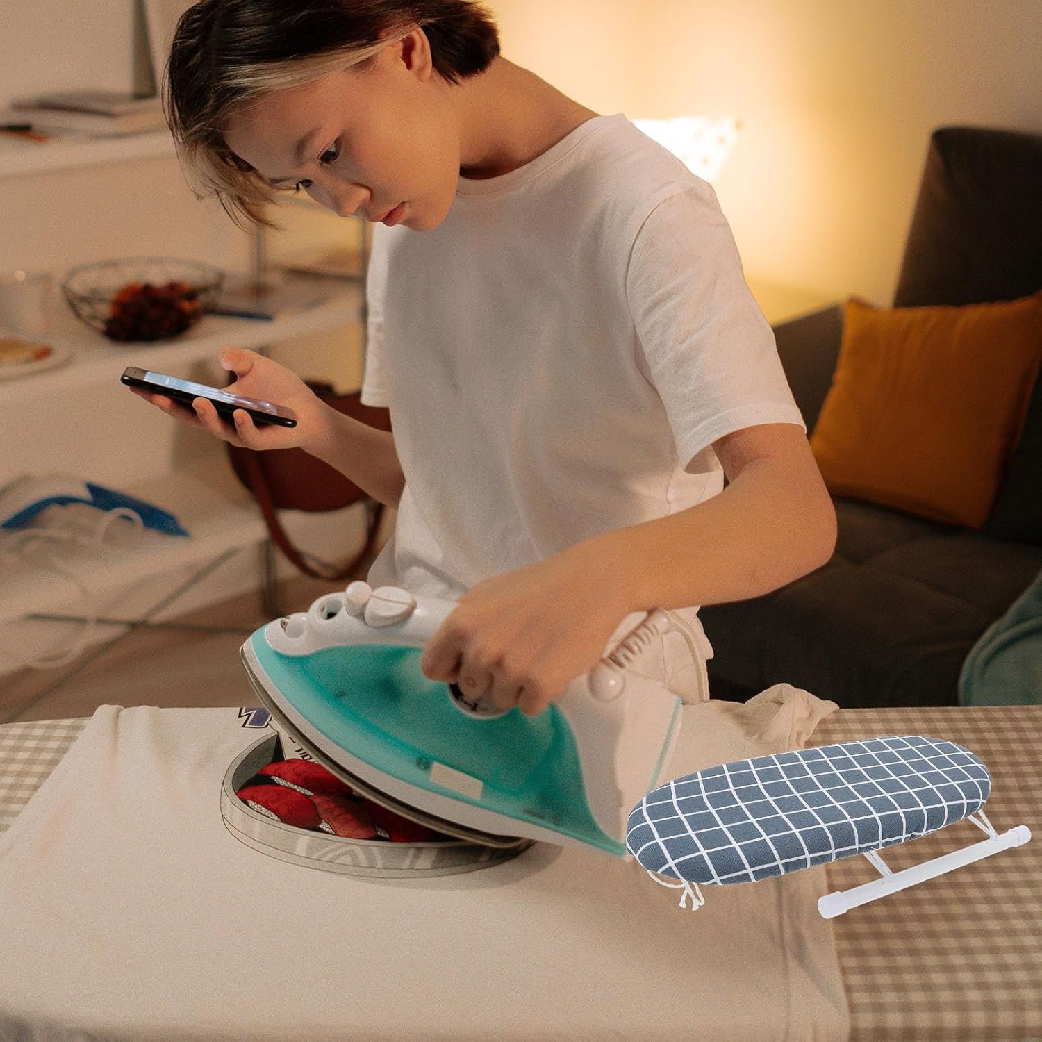 Mini Sleeve Ironing Board Pad with Printed Plaid Cover, Compact Tabletop Ironing Sleeve Board for Home and Travel Use image 5