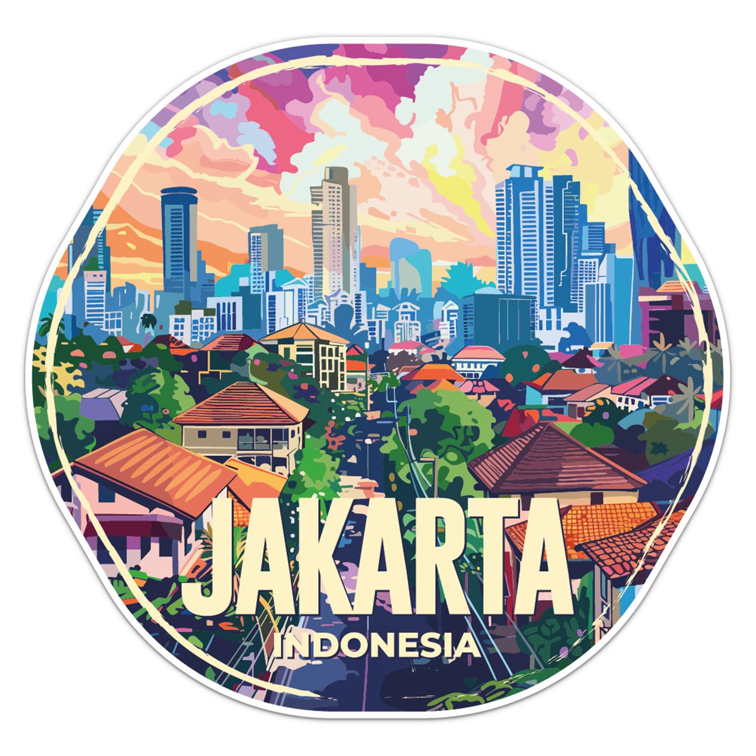 Indonesia City Sticker - Waterproof Vinyl Decal for Car Bumper, Water Bottle Laptop Luggage Bike Phone Cases Wall Window, Sticker - 3'' Longer Side