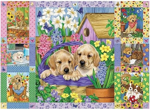 Cobble Hill 1000 Piece Puzzle - Puppies and Posies Quilt - Sample Poster Included