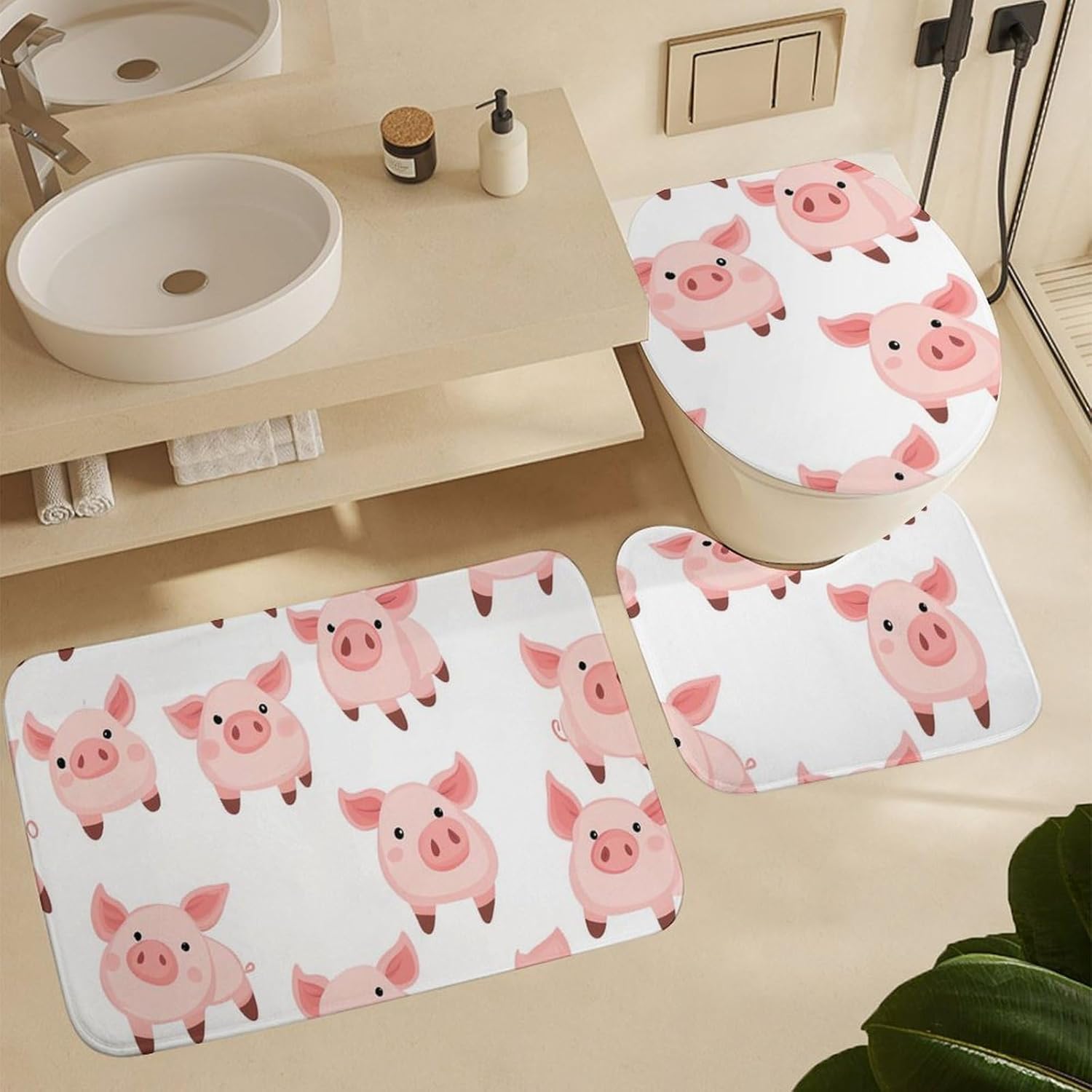 Cute Little Pigs Modern Bathroom Sets with Shower Curtain and Rugs Decor 4 Pcs with 12 Hooks
