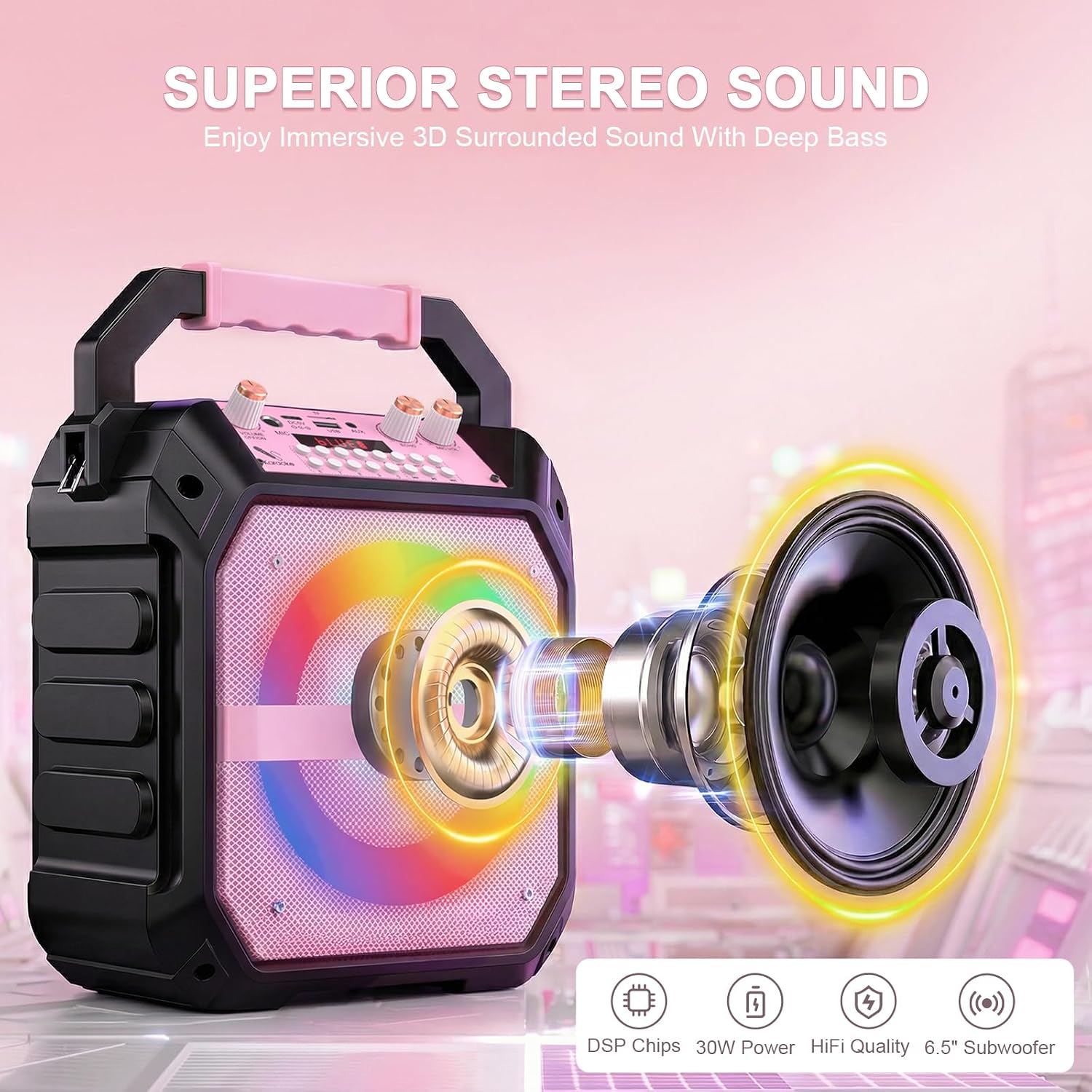 Bluetooth Karaoke Machine, Portable Karaoke with 2 Wireless Microphones, Karaoke Speaker for Adults Kids Gifts, TF/USB/AUX, with DJ Lights for Outdoor Parties, Backyard Fun (Pink)