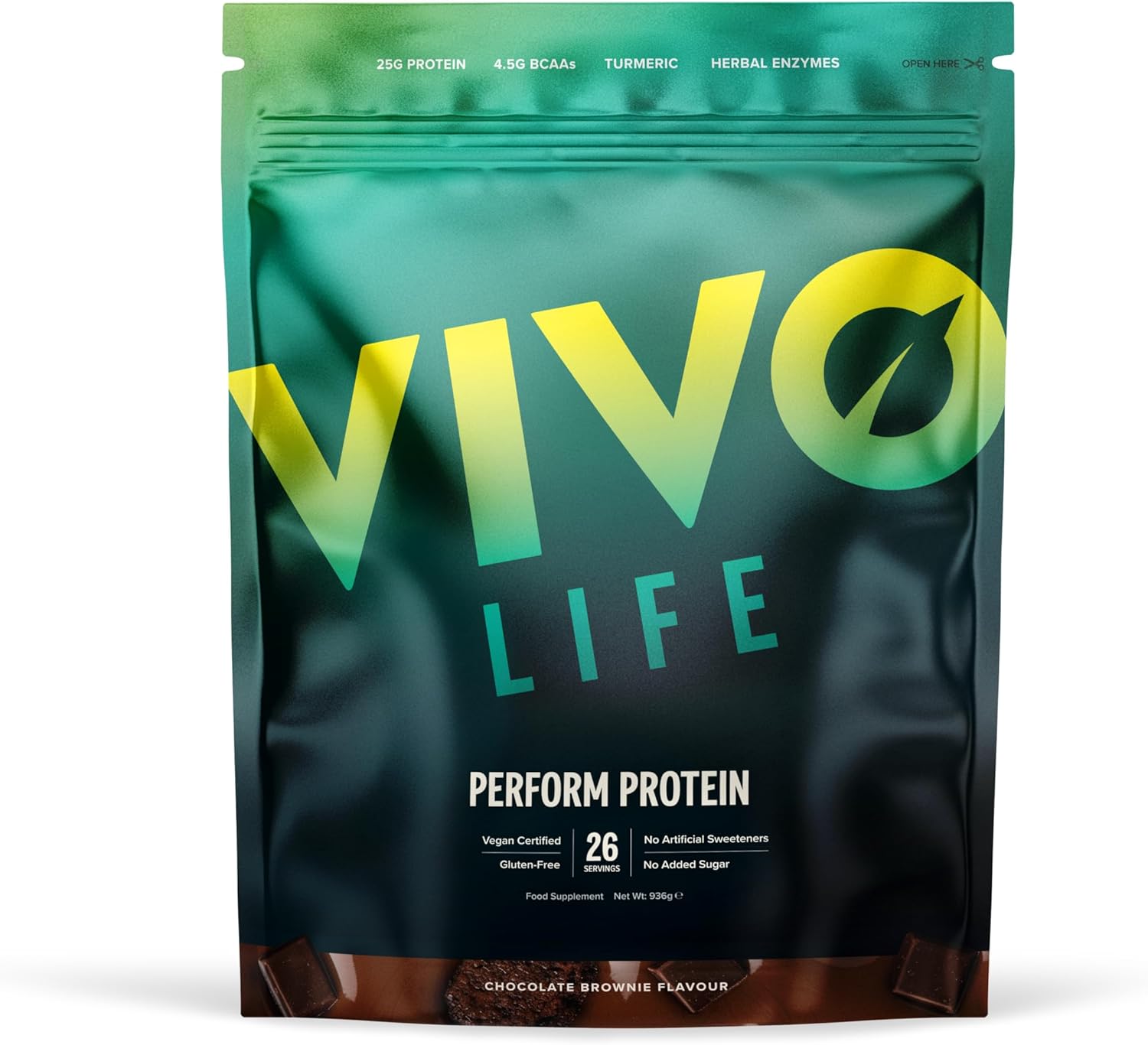 Vivo life Perform Plant Protein Powder | 25g Protein with BCAAs, Iron, Zinc, Turmeric & Herbal Enzyme Blend | Lactose Free & Easy to Digest, Plant-Based Nutrition | Chocolate Brownie – 26 Servings