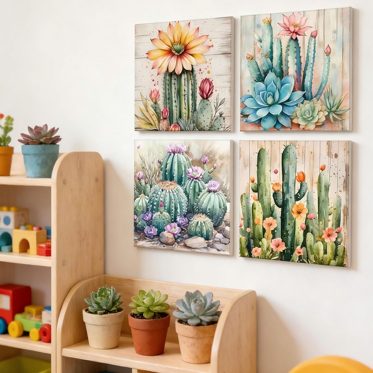 4pcs Cactus Canvas Wall Art Green Succulent Painting Picture Wall Decor Mexican Plants Tropical Flower Poster Print Artwork for Bedroom Living Room Bathroom Kitchen Dorm Office Home Decoration