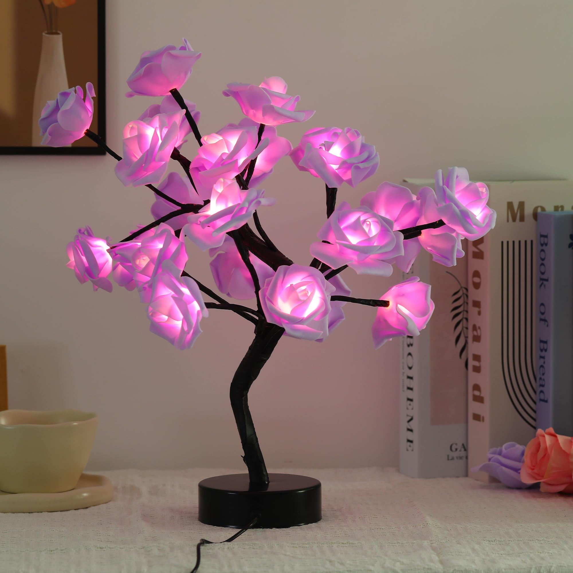 Drawelry Rose Flower Tree Lamp, LED Rose Tree Table Lamp USB Powered Artificial Bonsai Flower Night Light for Bedroom Living Room Party Decor (Purple) — image 1