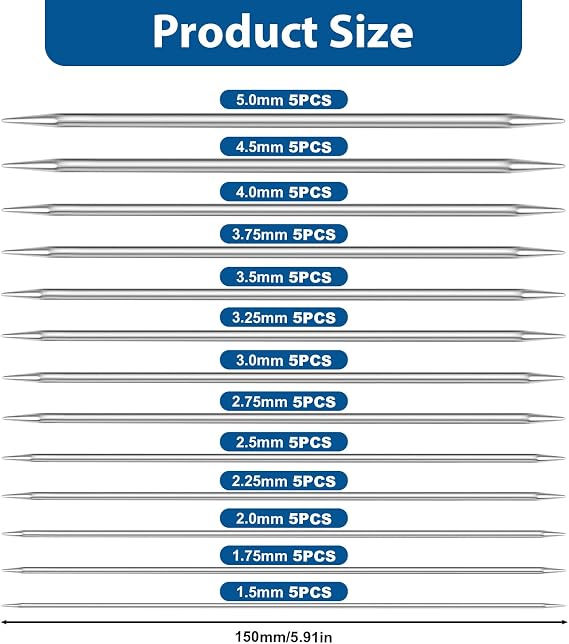 65pcs Double Pointed Knitting Needles Set, 13 Needle Diameters (1.5-5.0mm), All Needles 15cm Long, Stainless Steel Short Double Ended Knitting Needles for Socks, Hats, Sweaters, DPN Set for Beginners