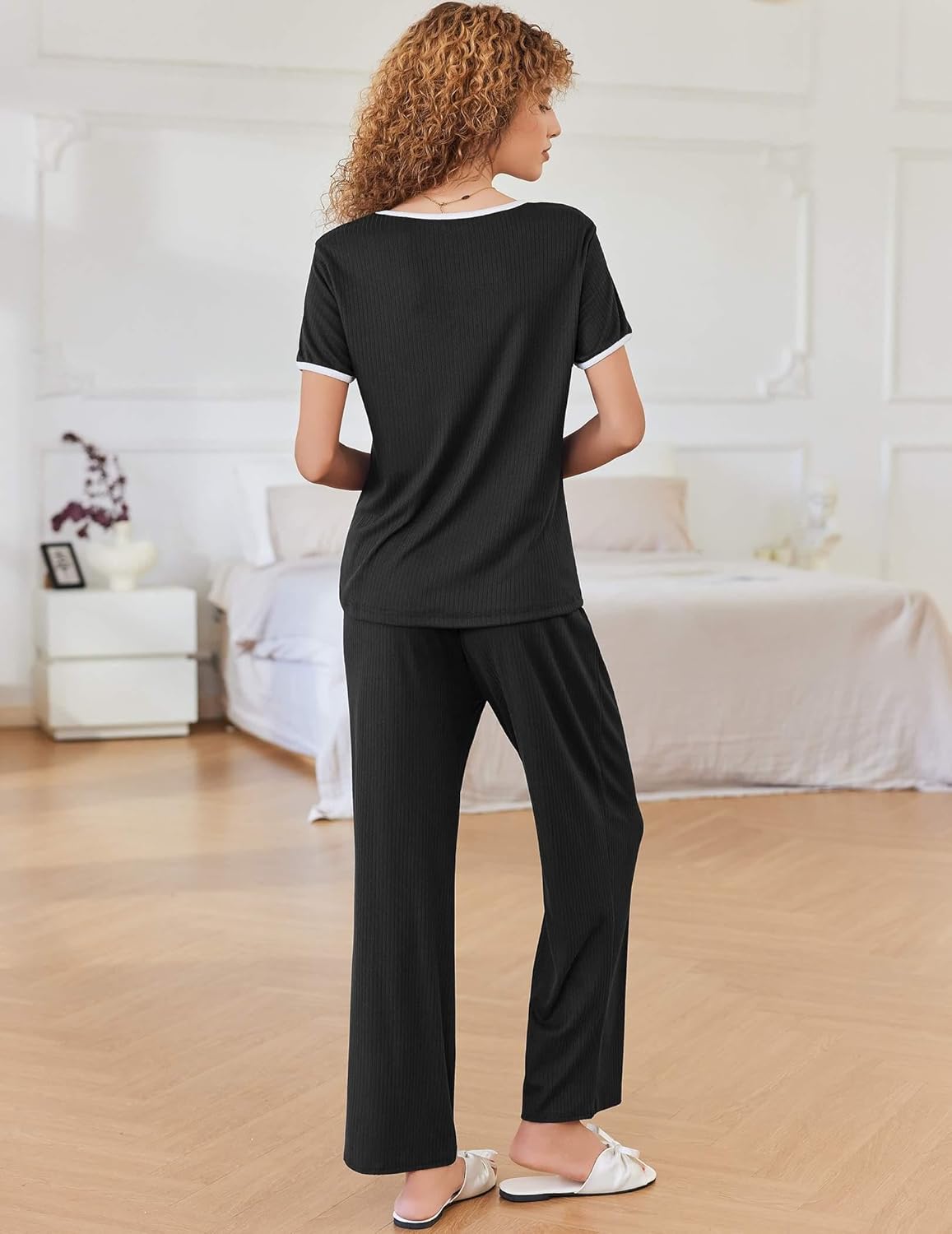 Ekouaer Women Lounge Pajamas Sets Ribbed Knit PJ Short Sleeve and Long Pajama Pant Soft 2 Piece Sleepwear Loungwear Set - Image 5