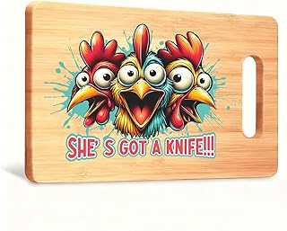 Funny Shocked Chicken Cutting Board, Chicken Lover Lady Mom Gifts, She's Got a Knife Funny Bamboo Cutting Chopping Boards for Kitchen