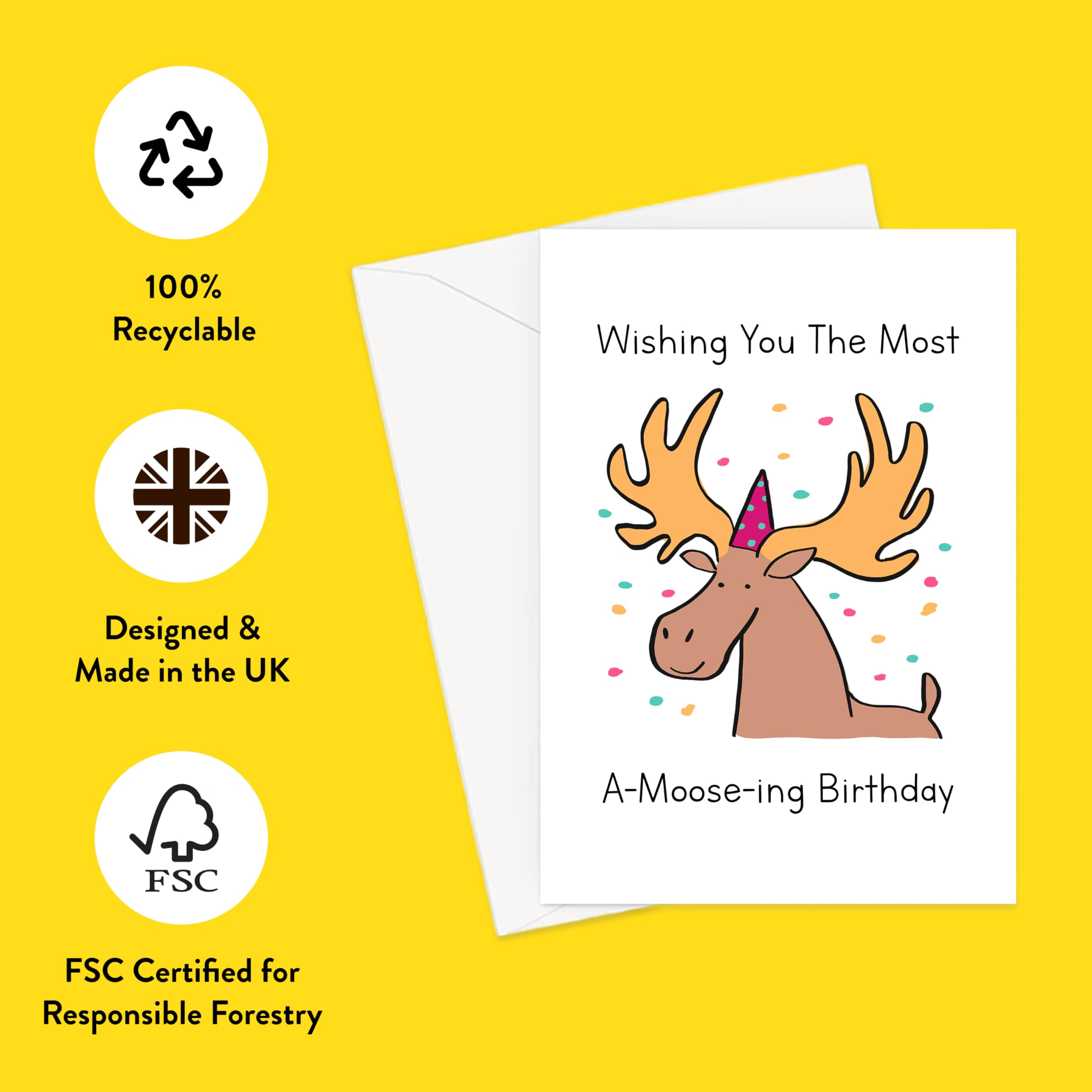 Tarjeta de felicitación de cumpleaños con texto en inglés "Wishing You The Most A-Moose-ing" | Divertida tarjeta de cumpleaños de juego de palabras de alce para amigos, alce en sombrero de