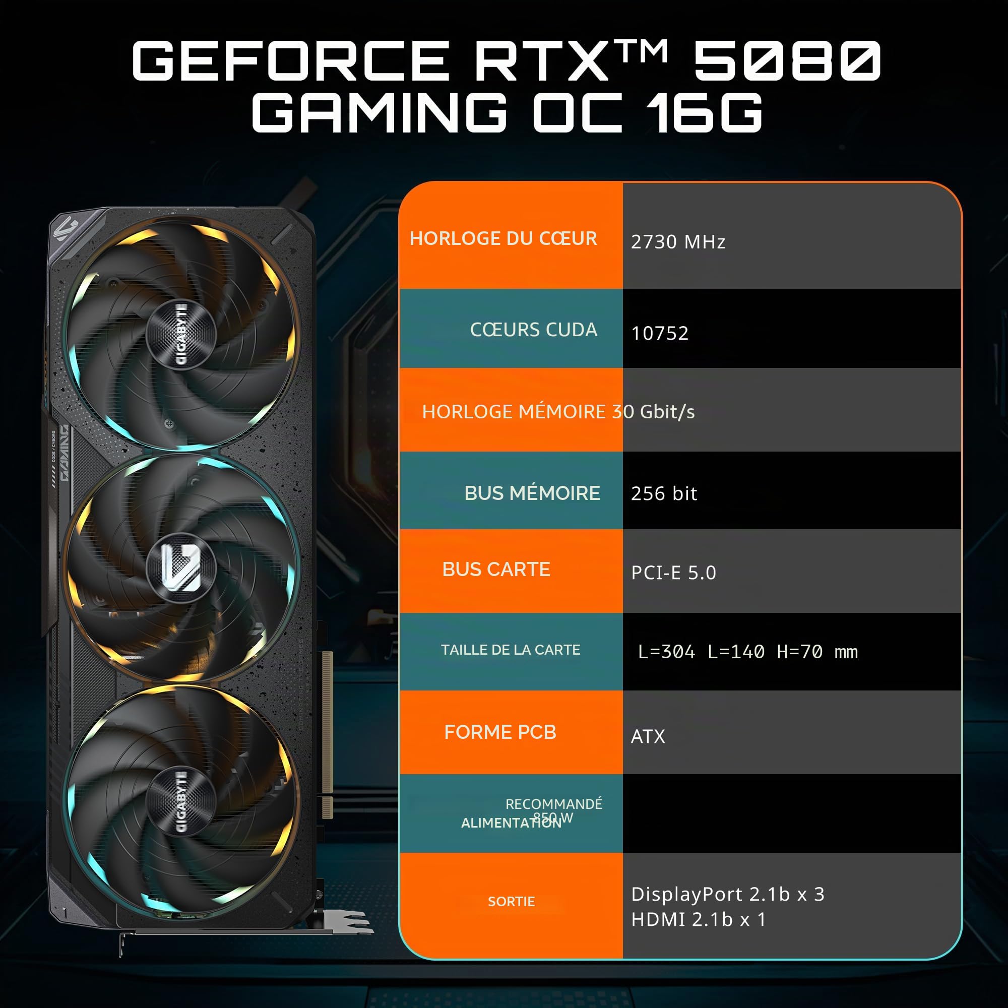 GIGABYTE GeForce RTX 5080 Gaming OC 16G Carte Graphique WINDFORCE Système de Refroidissement 16 Go 256 Bits GDDR7, GV-N5080GAMING OC-16GD Carte vidéo