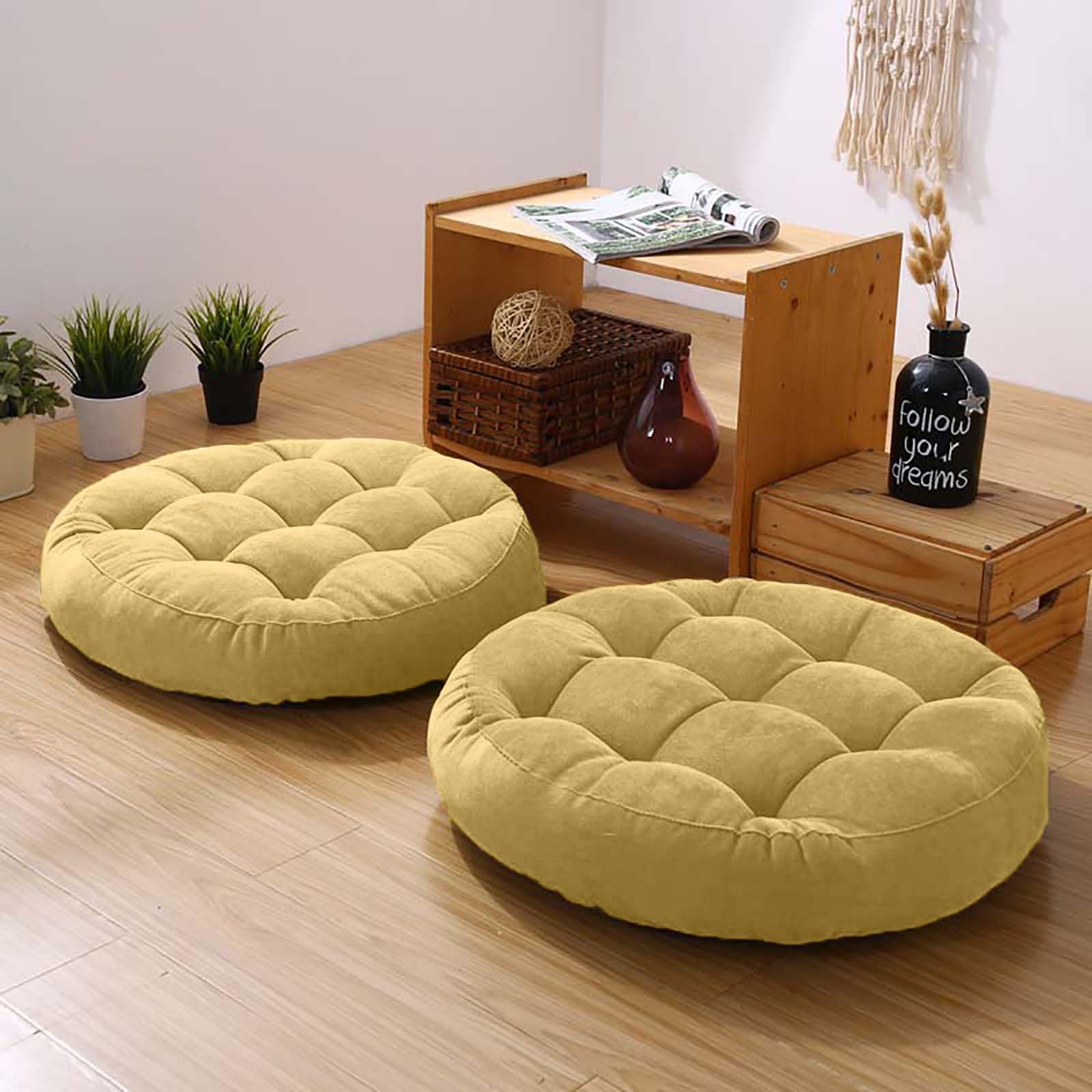 Meditation Floor Pillow Set of 2 Large Round Floor Cushions for Adults Tufted Corduroy Floor Seat Pillows Cushion for Living Room Tatami Yoga,Yellow