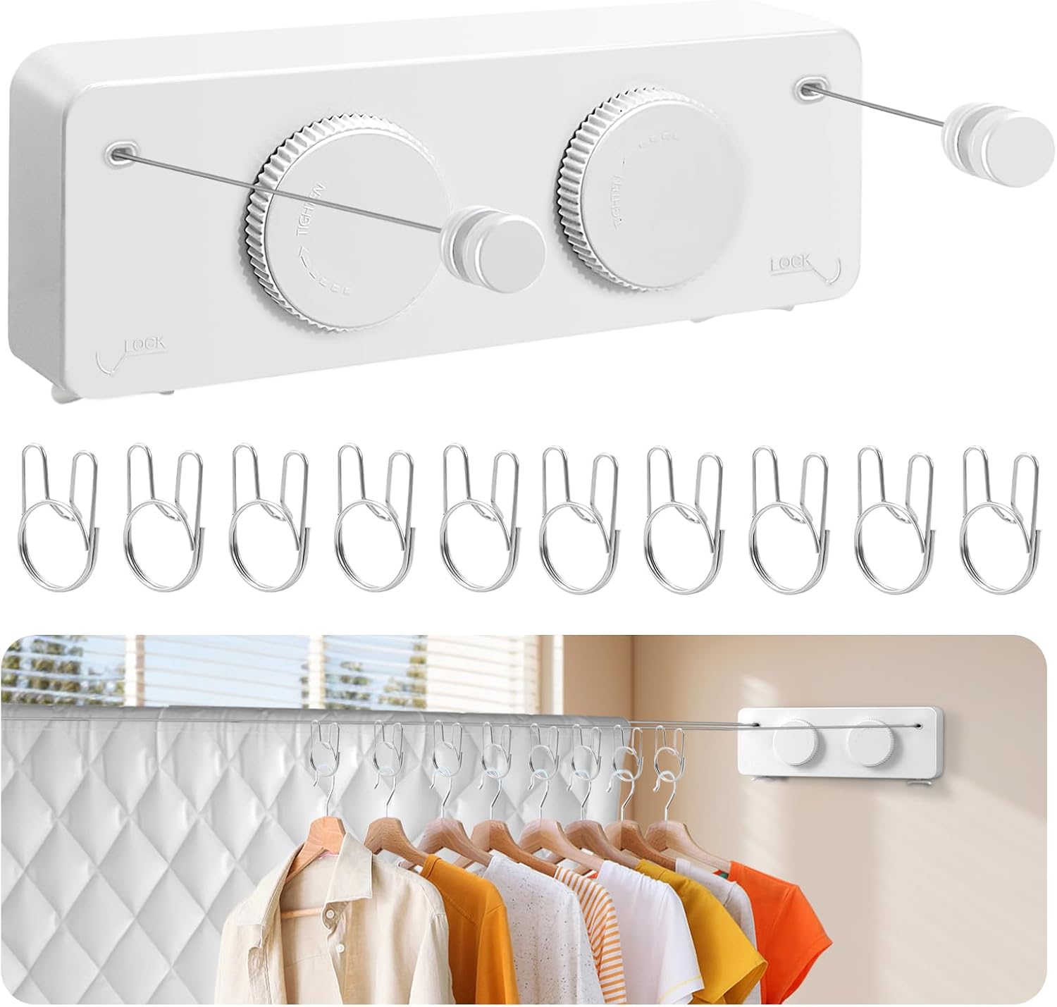Retractable Clothesline Indoor, Non-Sagging Outdoor Clothes Line Retracting, 16.7 Ft Heavy Duty Clothes Drying Laundry Line, Wall Mounted Stainless Steel Clothesline for Balconies (Double line-White)
